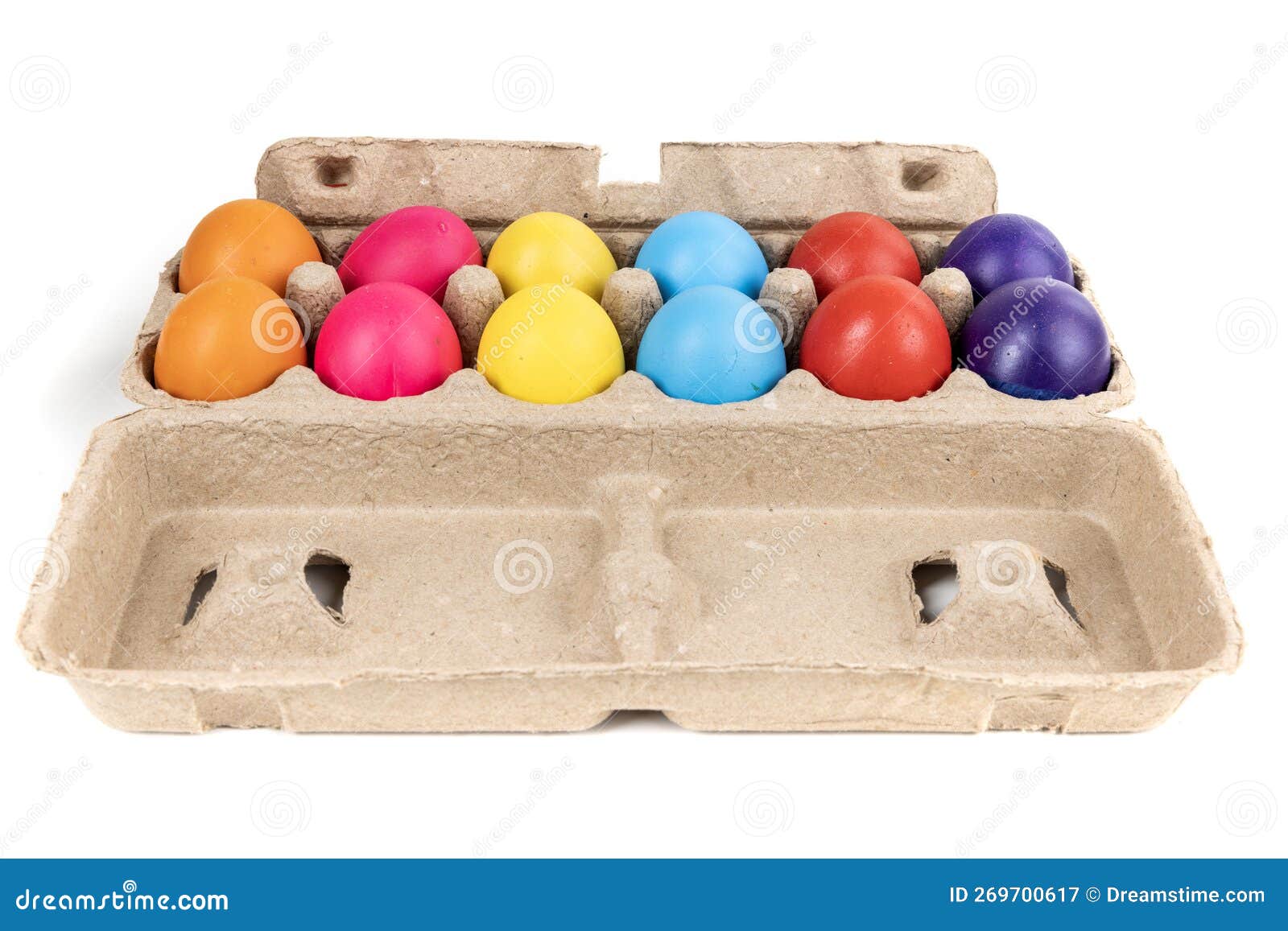 Brightly Colored Confetti Eggs in a Brown Egg Carton, Side View Stock
