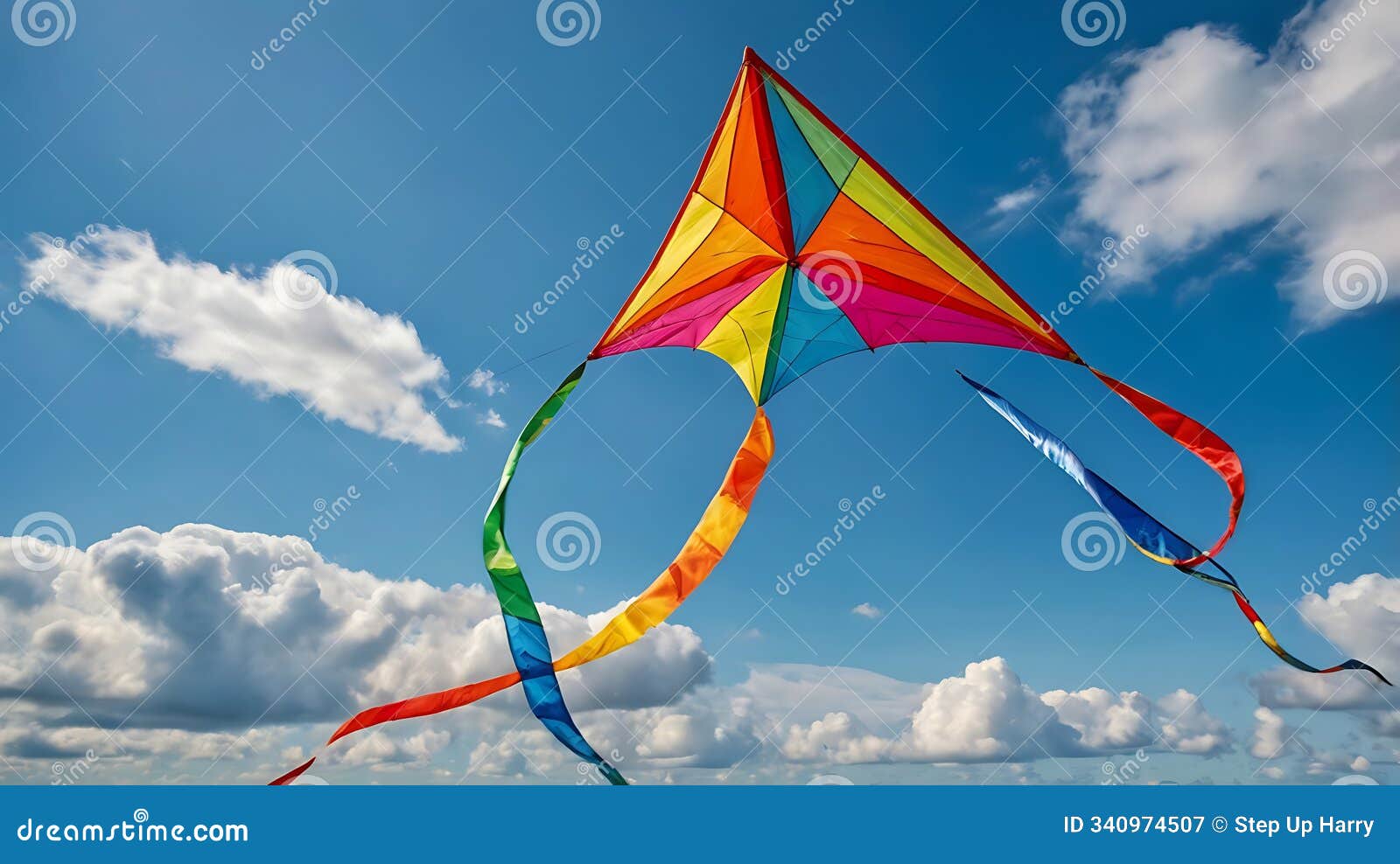 vibrant kite soaring in clear blue sky with fluffy clouds â perfect for childrenâs day celebration themes