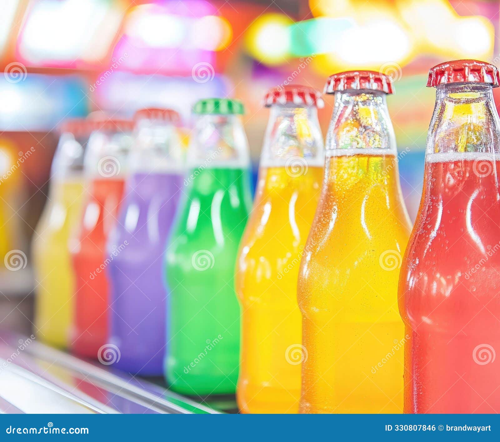 colorful soft drink bottles lined up in a vibrant setting