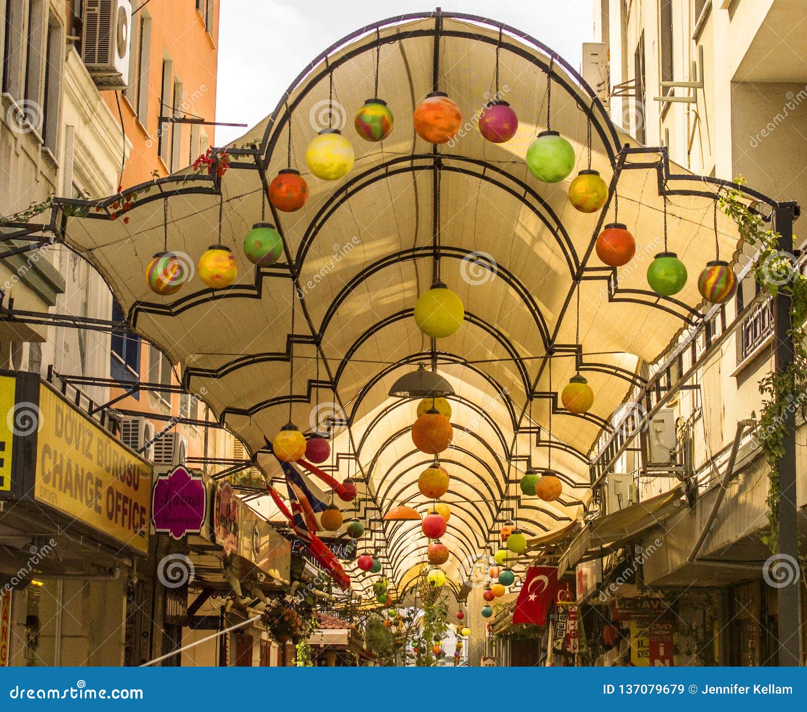 Brightly Coloured Round Hanging Globes Suspended From A