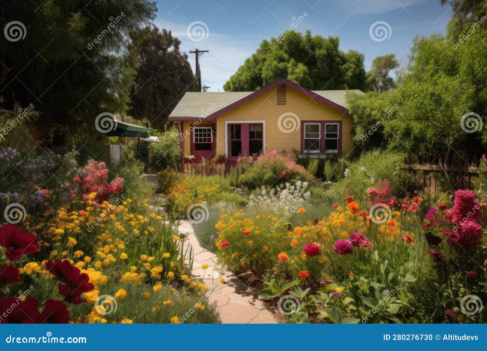 Brightly Painted Home Surrounded by Blooming Gardens, in Residential ...