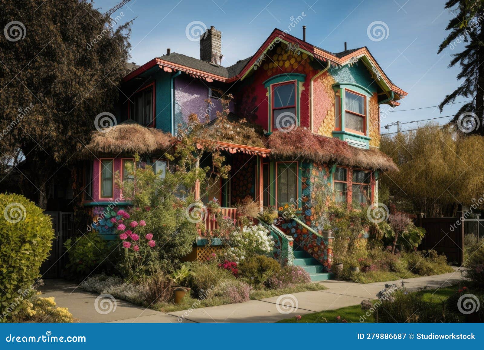 Brightly Painted Home Surrounded by Blooming Gardens, in Residential ...