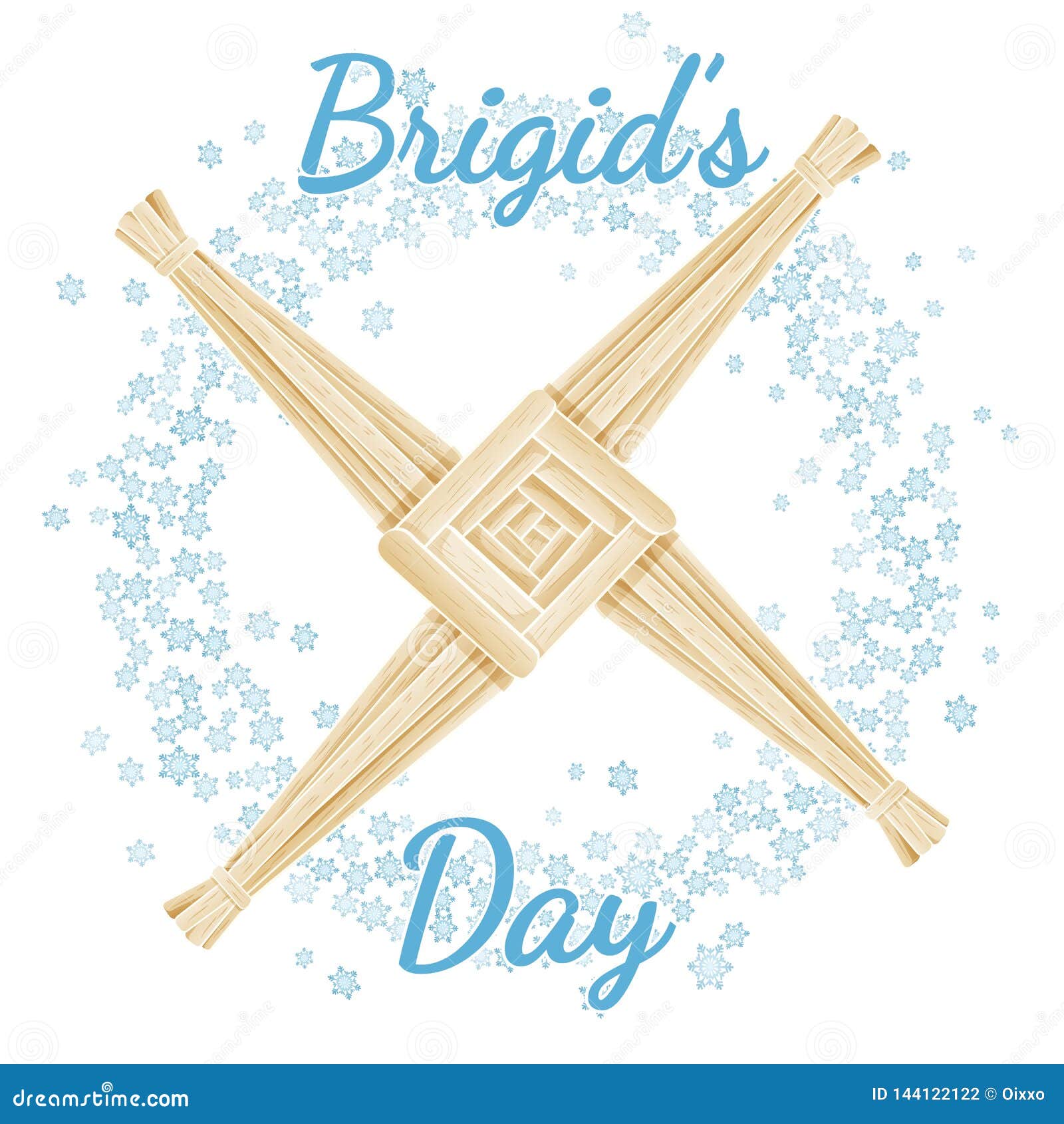 brigid`s day beginning of spring pagan holiday text in a wreath of snowflakes with brigid`s cross.  postcard