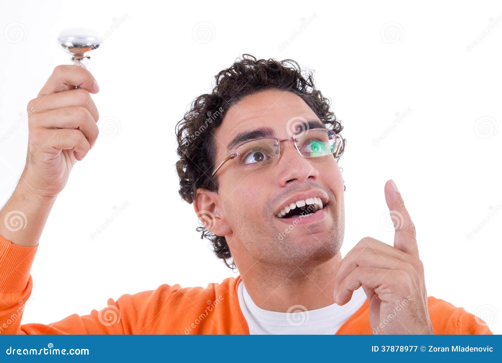 Brilliant Man Has an Idea Holding Light Bulb Like a Genius Stock Image