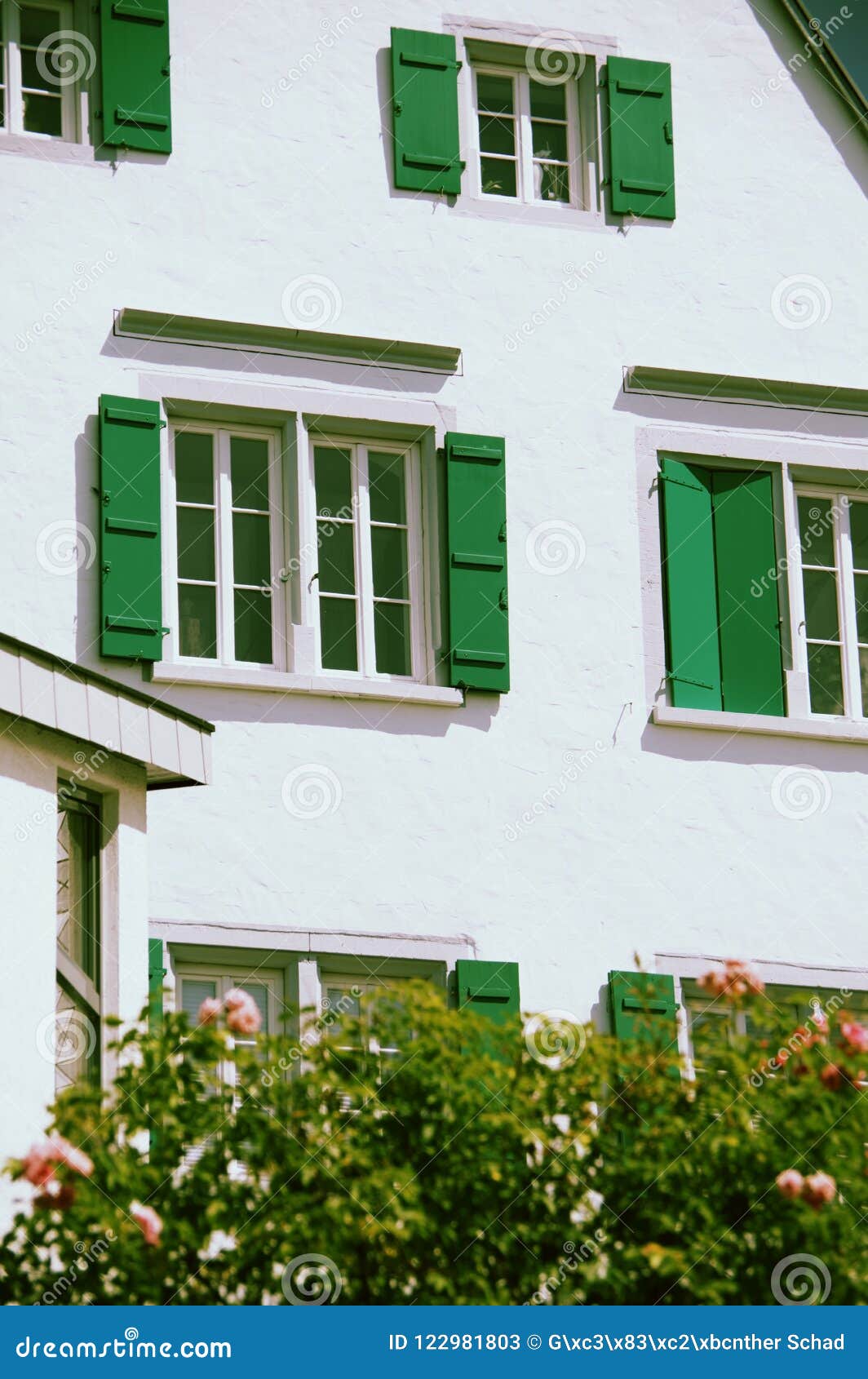 Brilliant White House Facade With Green Shutters Stock Image - Image Of  Lattice, Architecture: 122981803