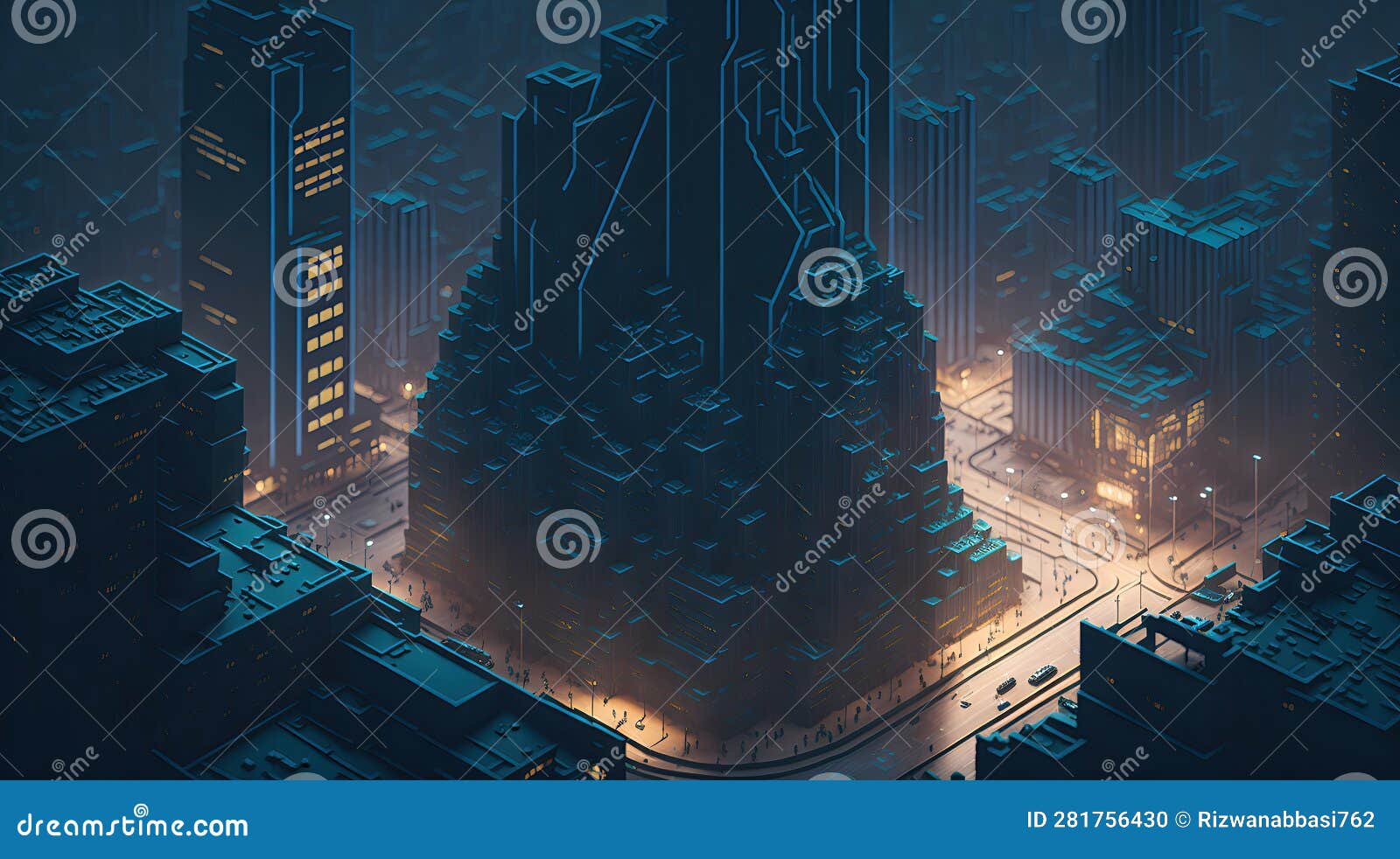 bring to life a futuristic isometric cityscape