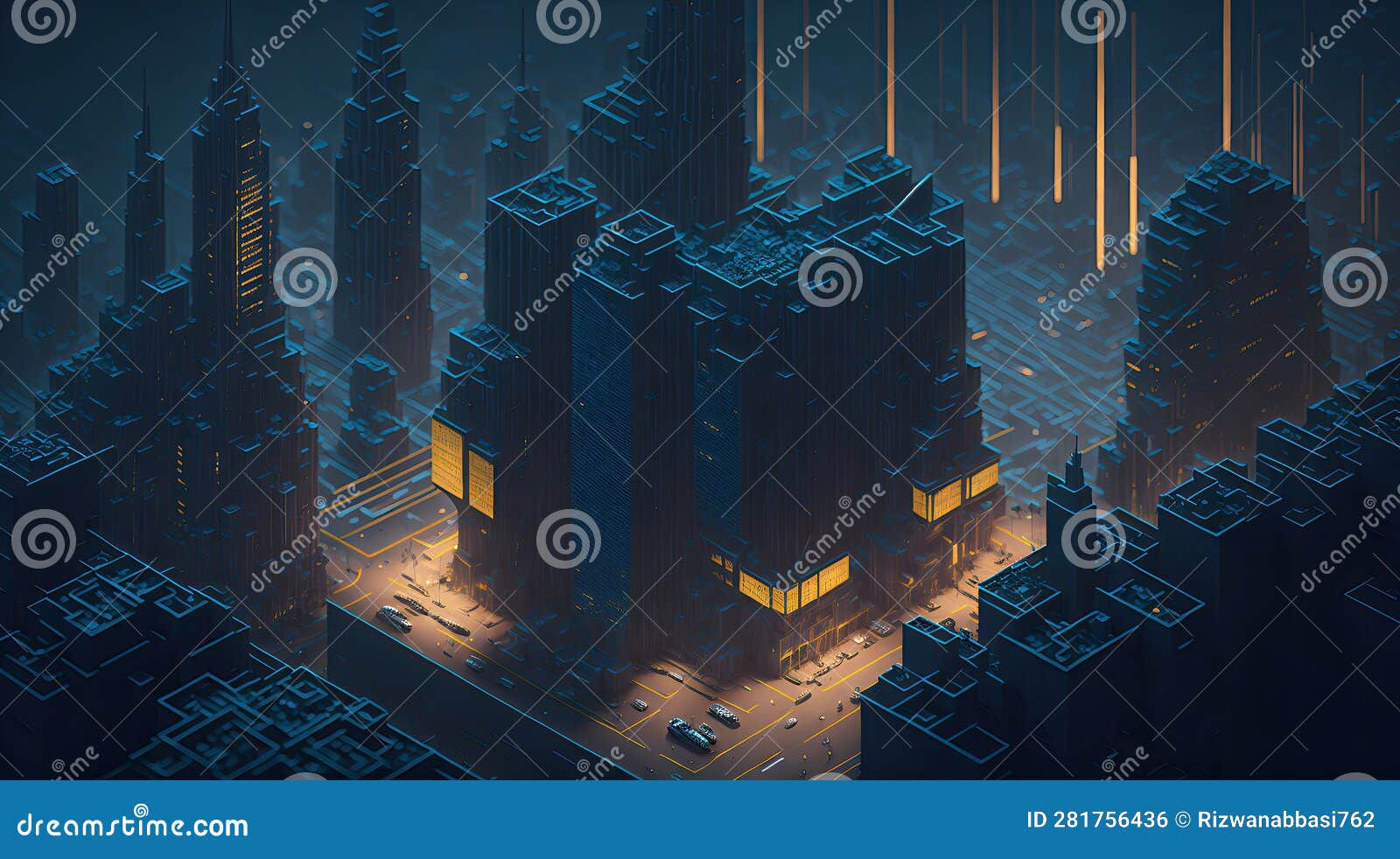bring to life a futuristic isometric cityscape