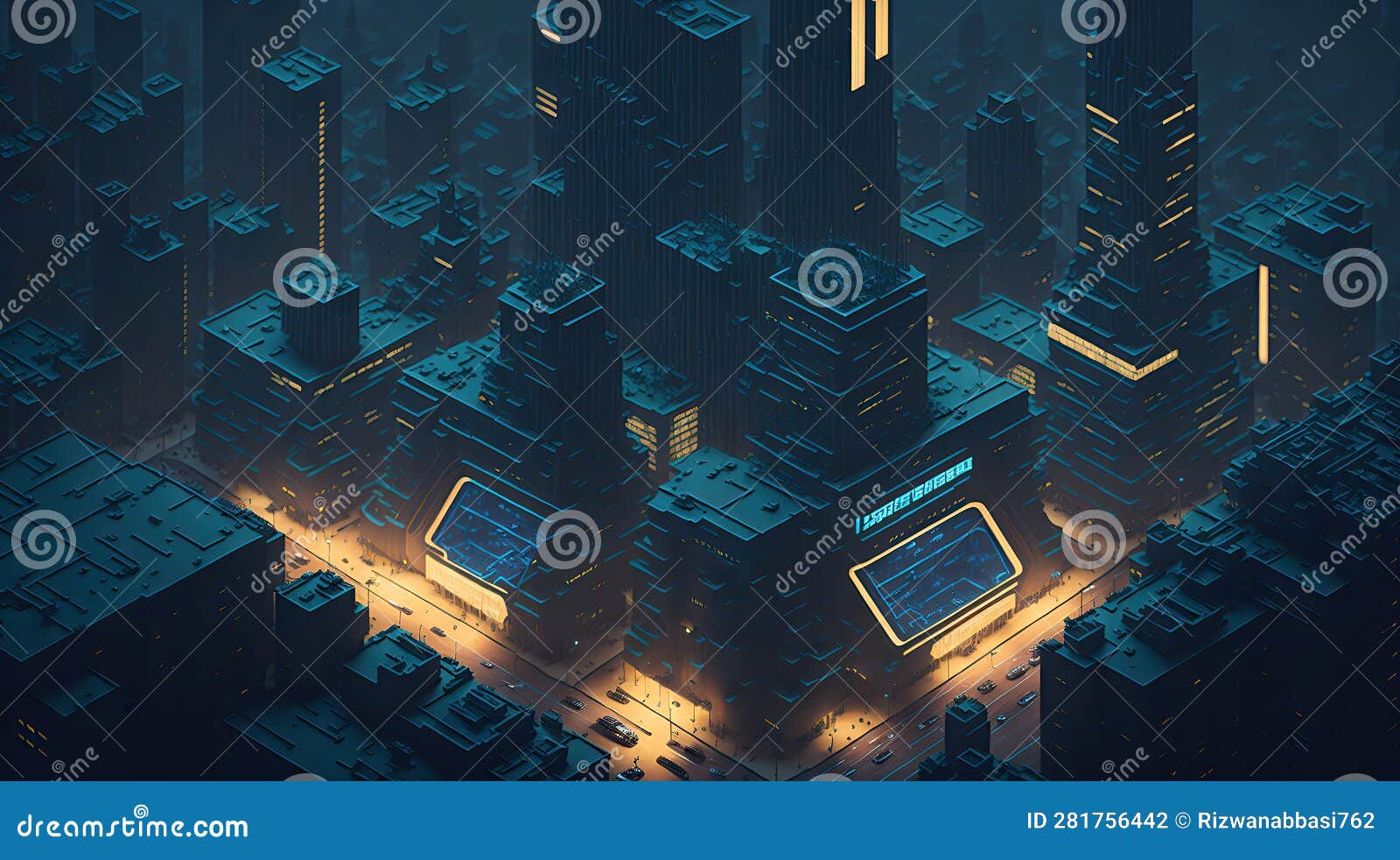 bring to life a futuristic isometric cityscape