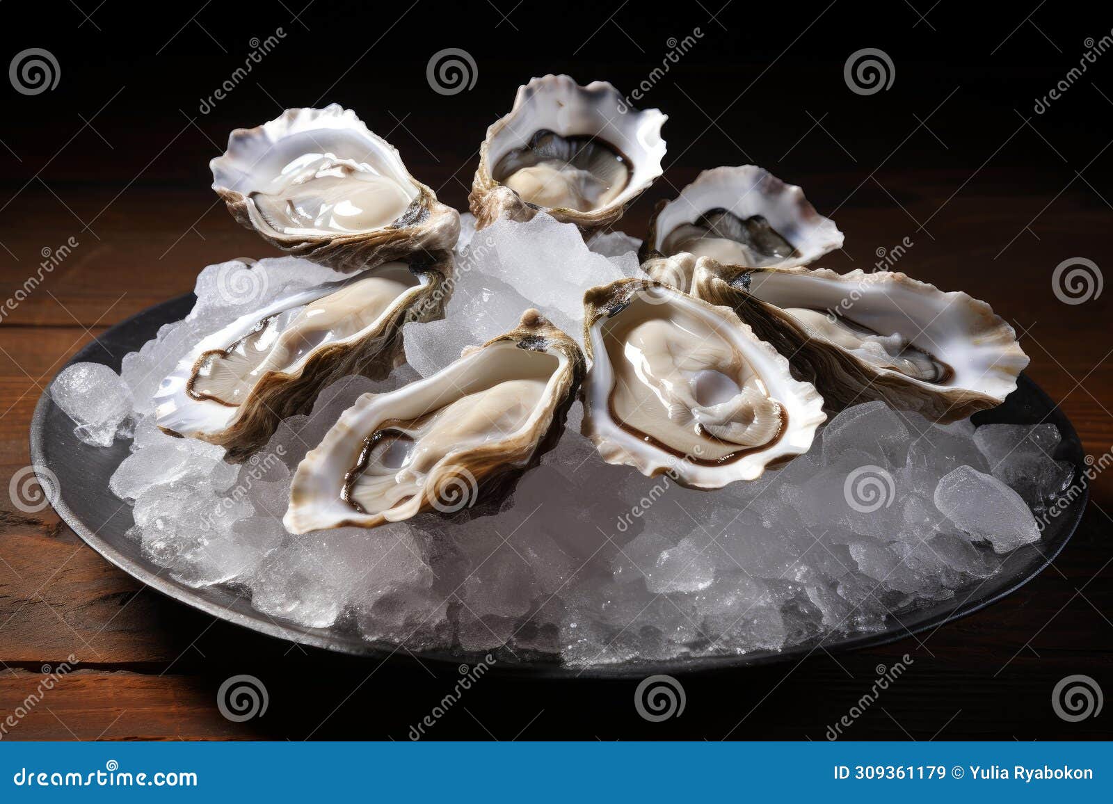 briny raw oysters on ice platter. generate ai