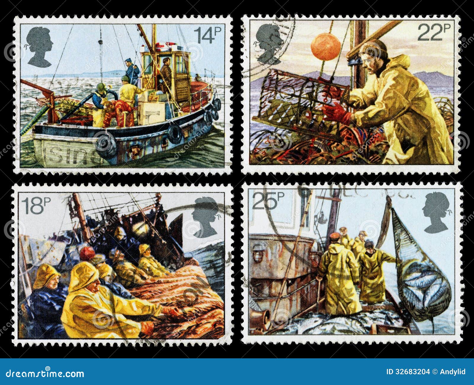 Britain Fishing Industry Postage Stamps Editorial Stock 