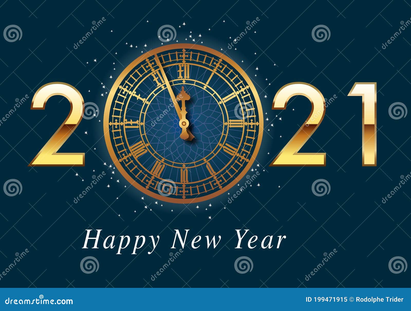 greeting card 2021, presenting the big-ben clock with the year 2021 written in gold on a dark blue background.