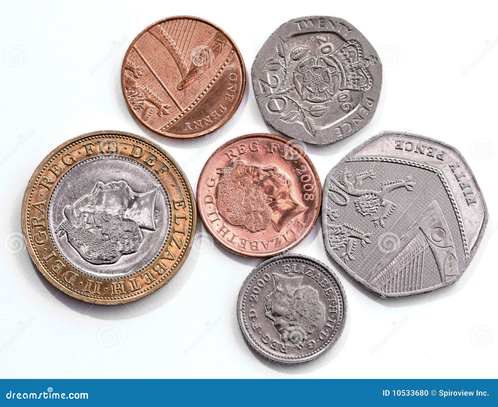 selection of modern British coins in different shapes and sizes.