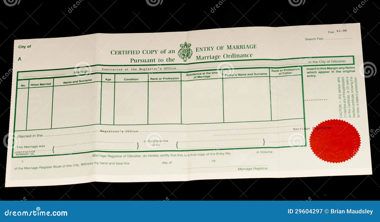 British Marriage Certificate Royalty Free Stock Photography - Image