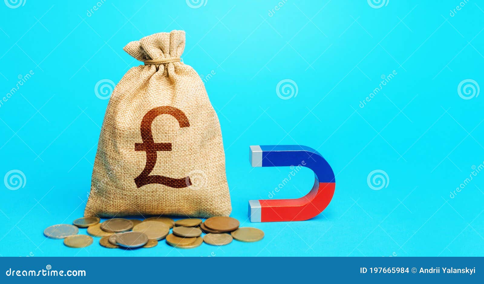 british pound sterling money bag and magnet. raising funds and investments in business projects and startups. accumulation