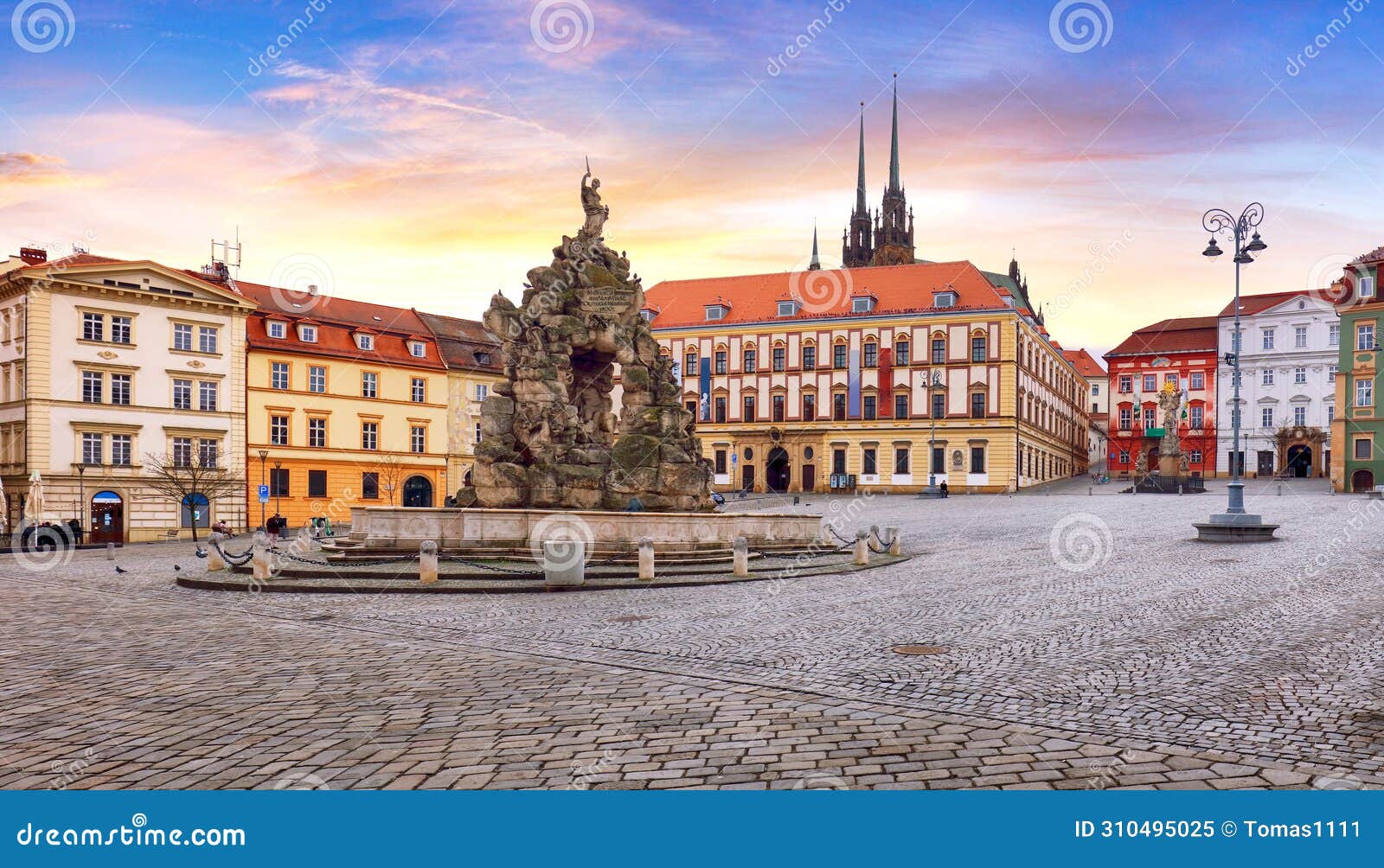 brno - panorama of zeleny trh square at dramatic sunset, czech republic