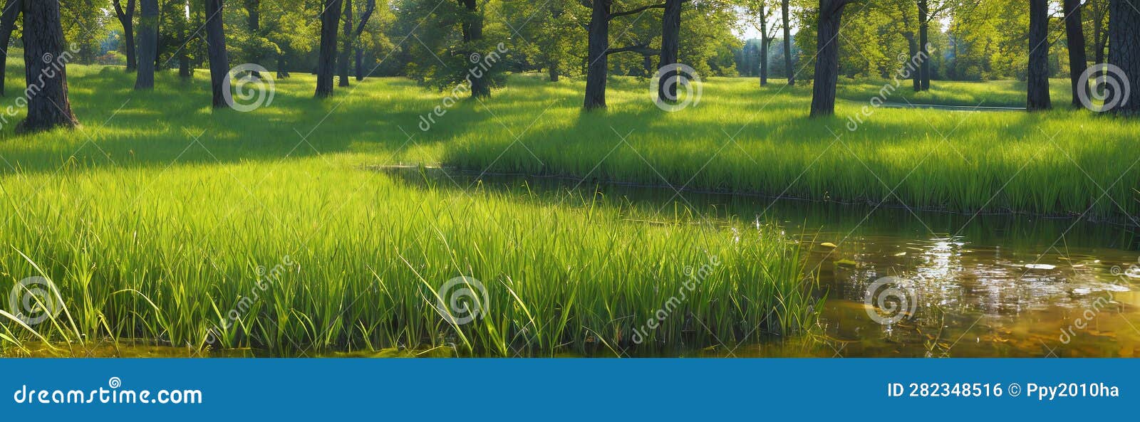 A Broad Leaved Forest with Beautiful Fresh Greenery and a Stream