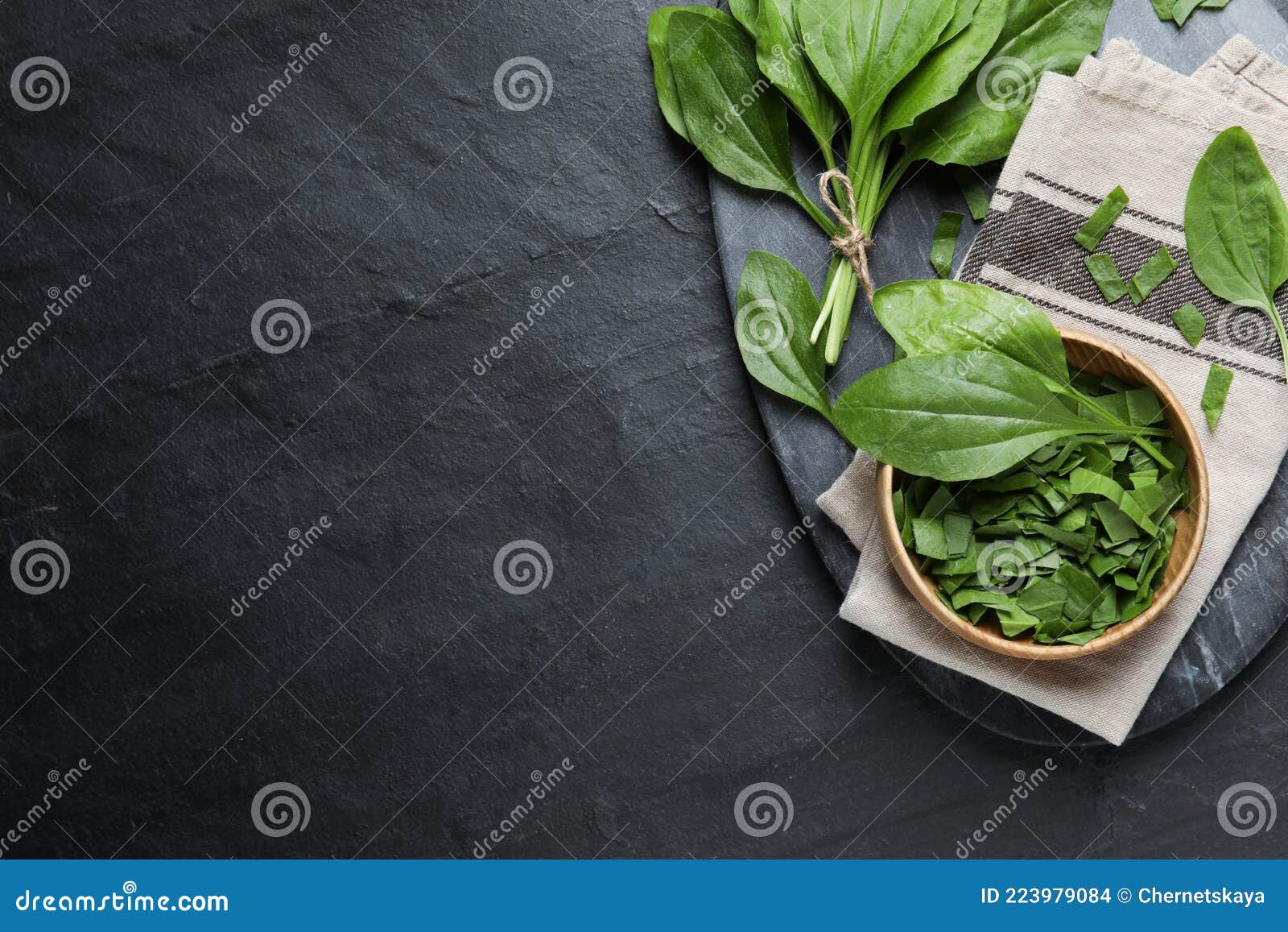 Broadleaf Plantain Leaves on Black Slate Table, Top View. Space for