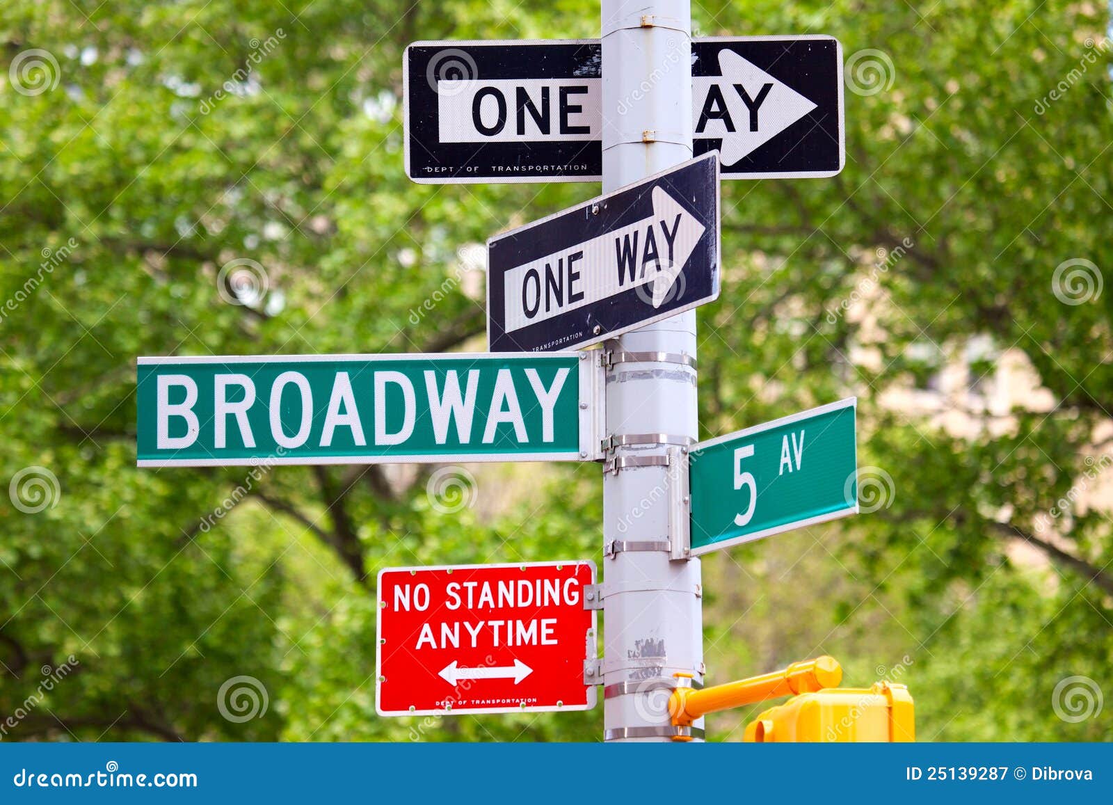 broadway, 5th avenue and one way street signs