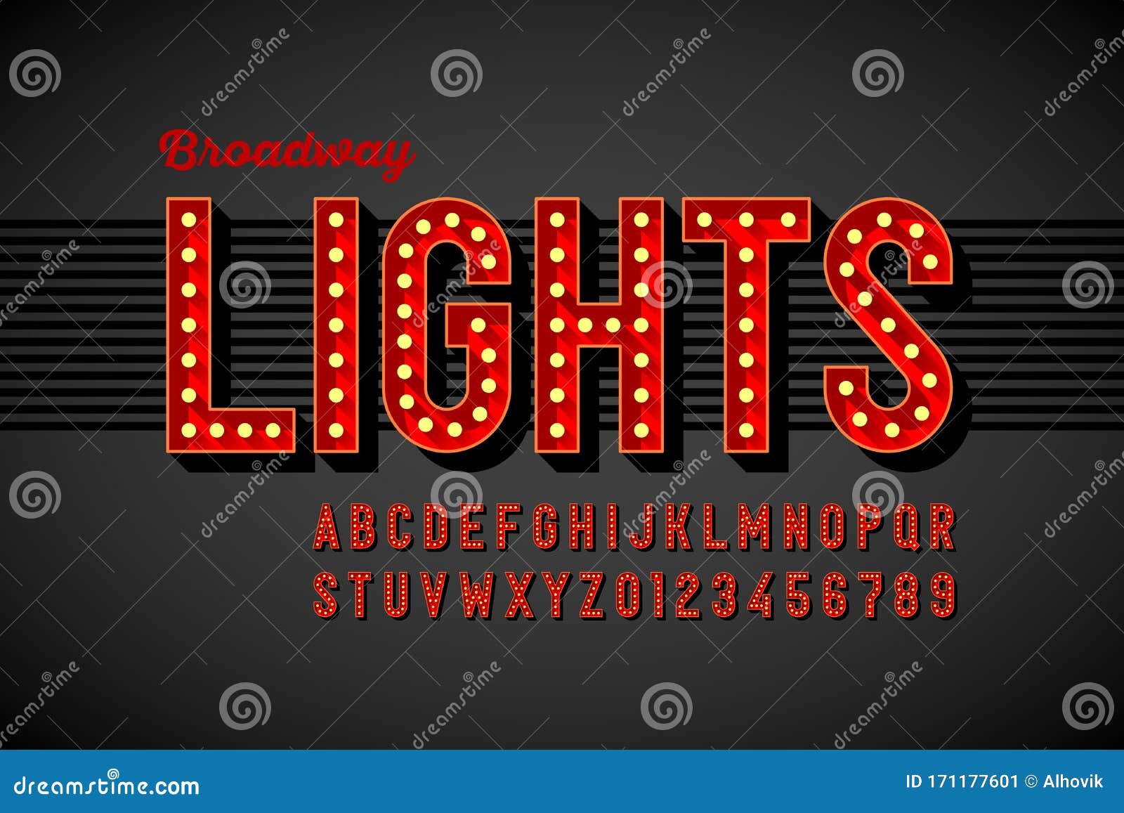 broadway lights retro style font with light bulbs