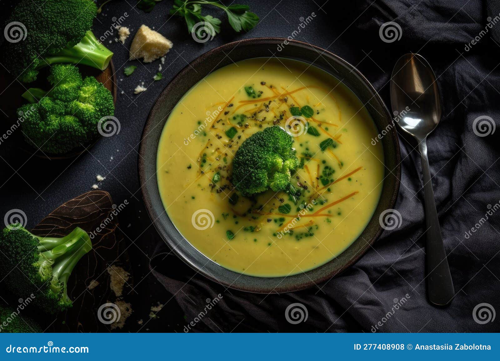 Broccoli Cheddar Soup Vegetarian, Top View. Generative AI Stock
