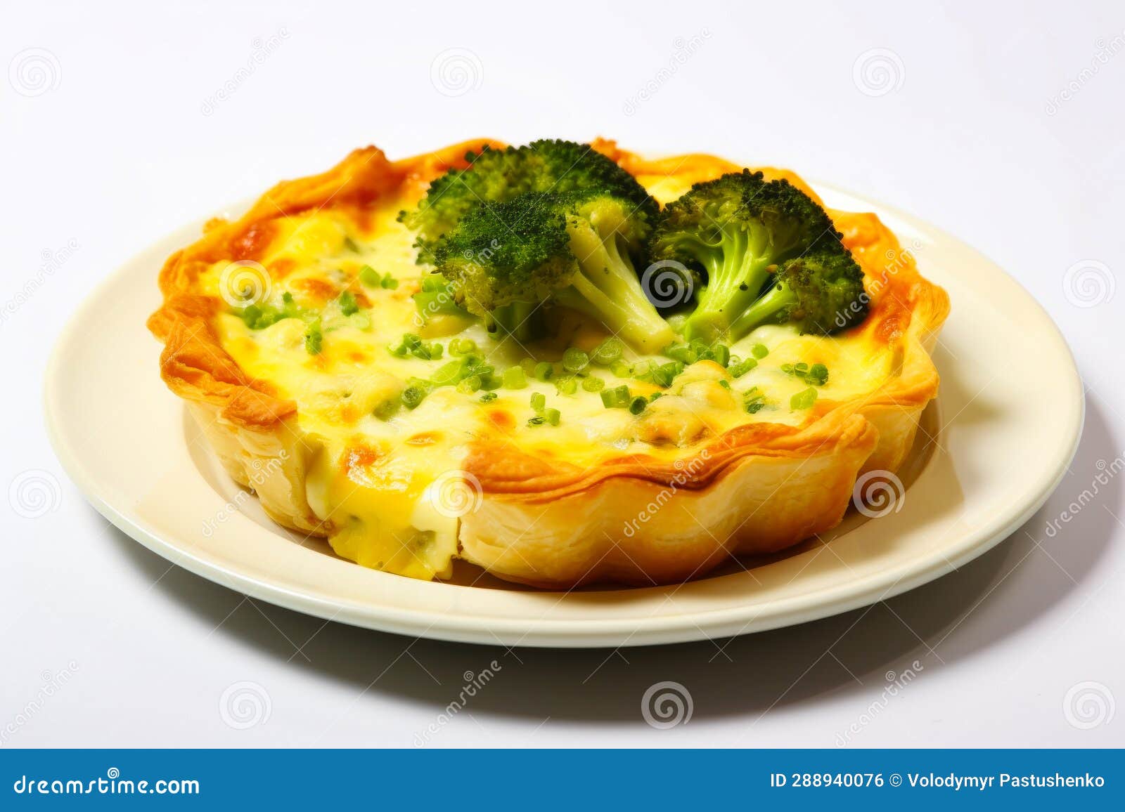 Broccoli and Cheese Pie on Plate on Table. Generative AI Stock Photo