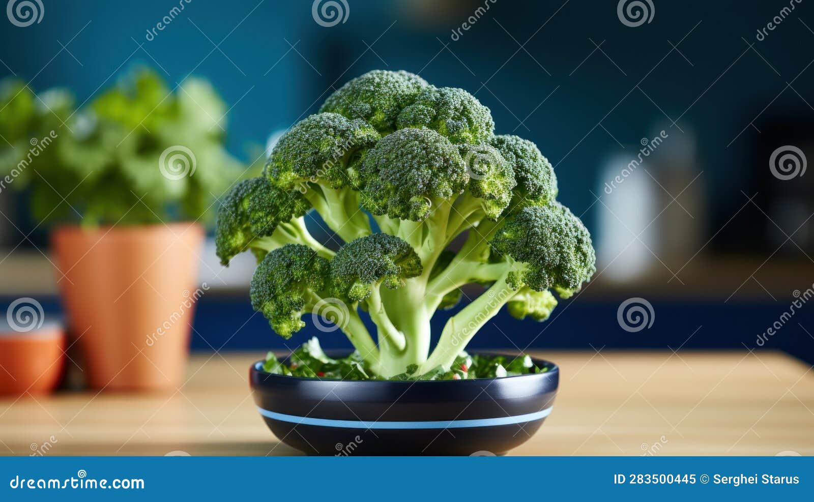 A Broccoli Plant in a Black Bowl on a Table. Generative AI Image. Stock ...