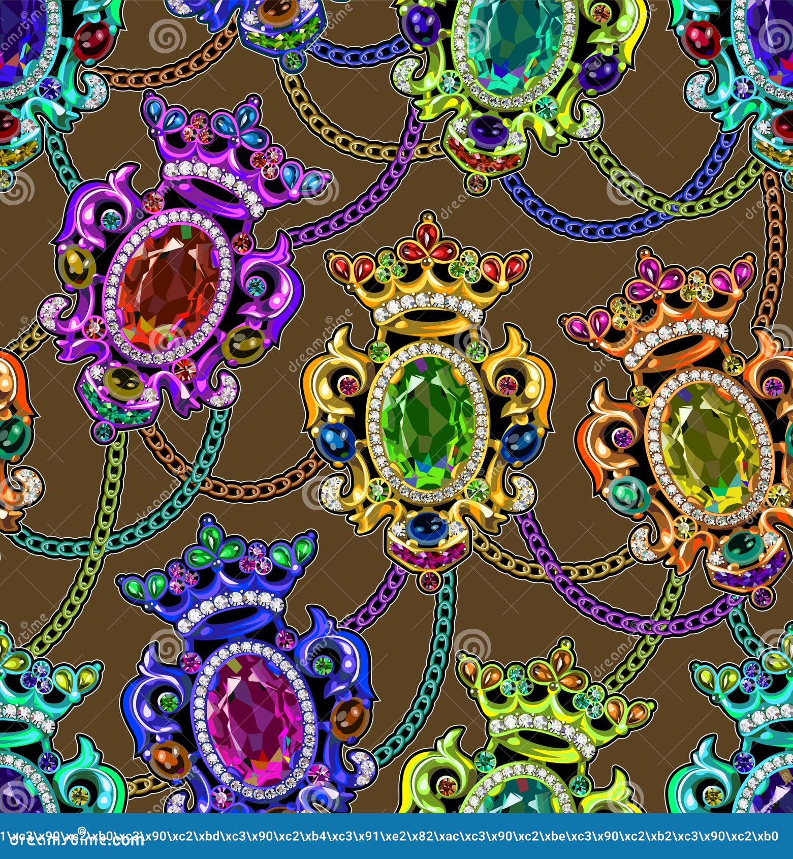 broche gold crown chain multicolored  seamless pattern