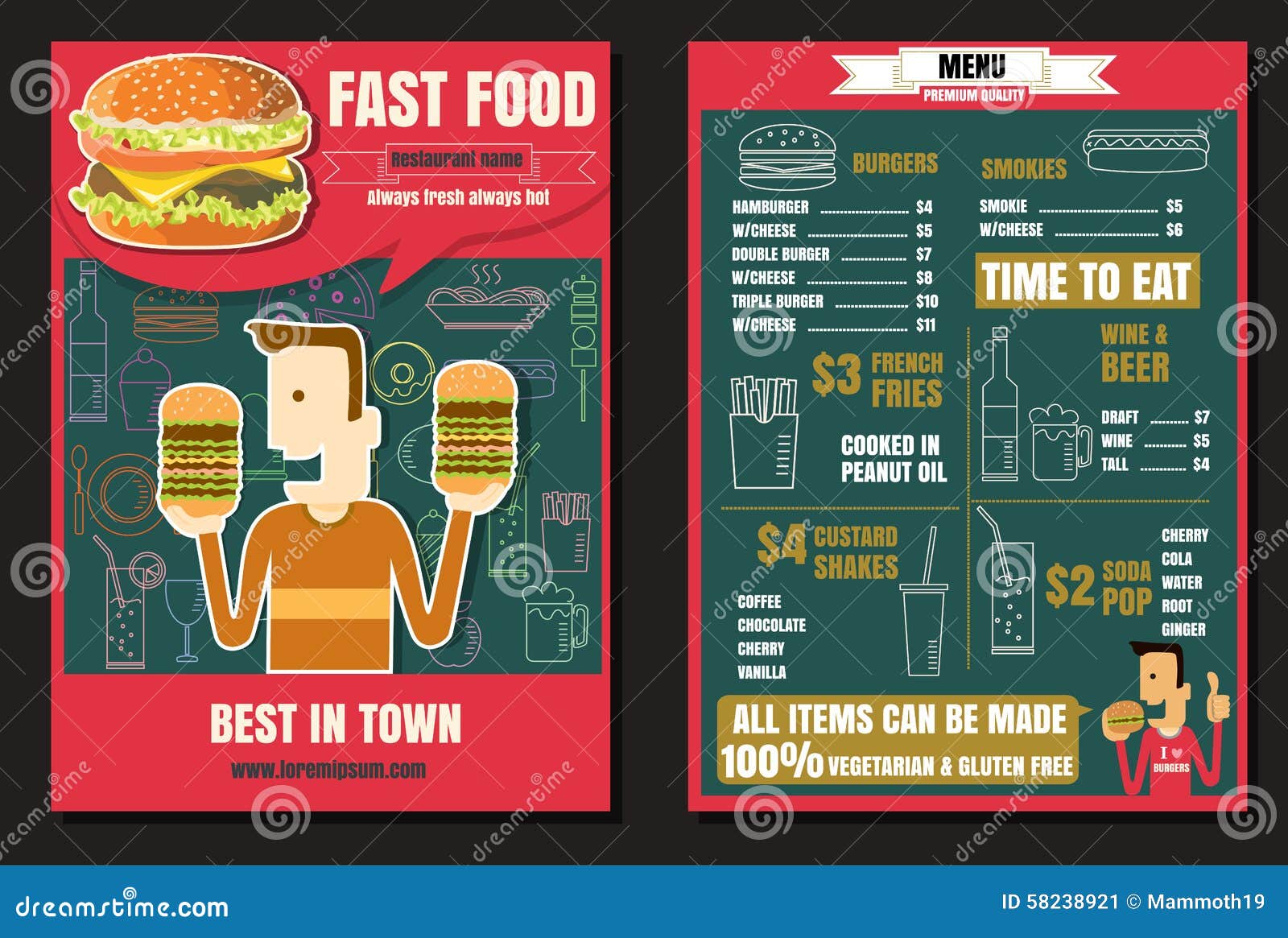 Brochure or Poster Restaurant Fast Foods Burger Menu with People Stock Illustration