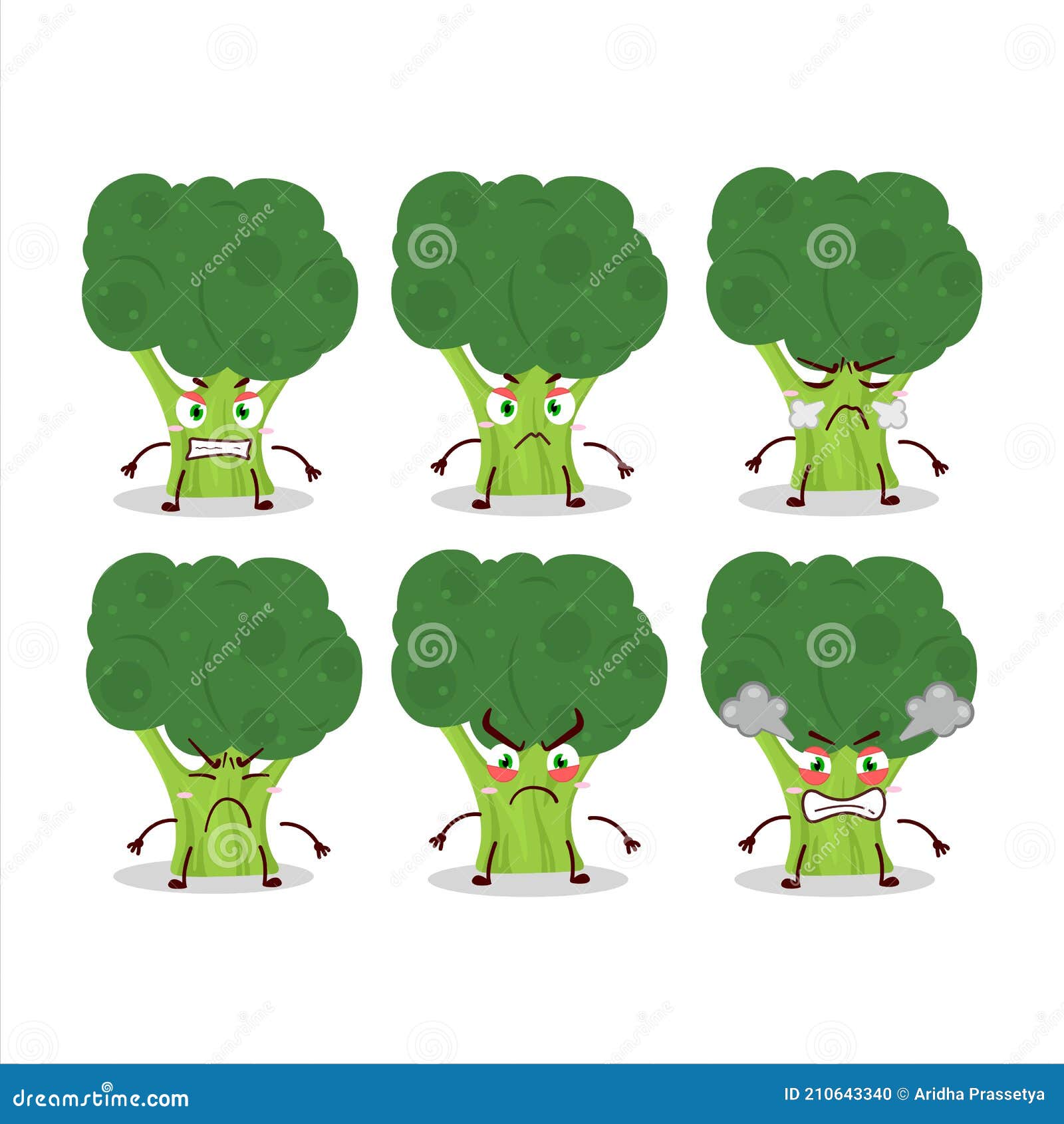Brocoli Cartoon Character with Various Angry Expressions Stock Vector