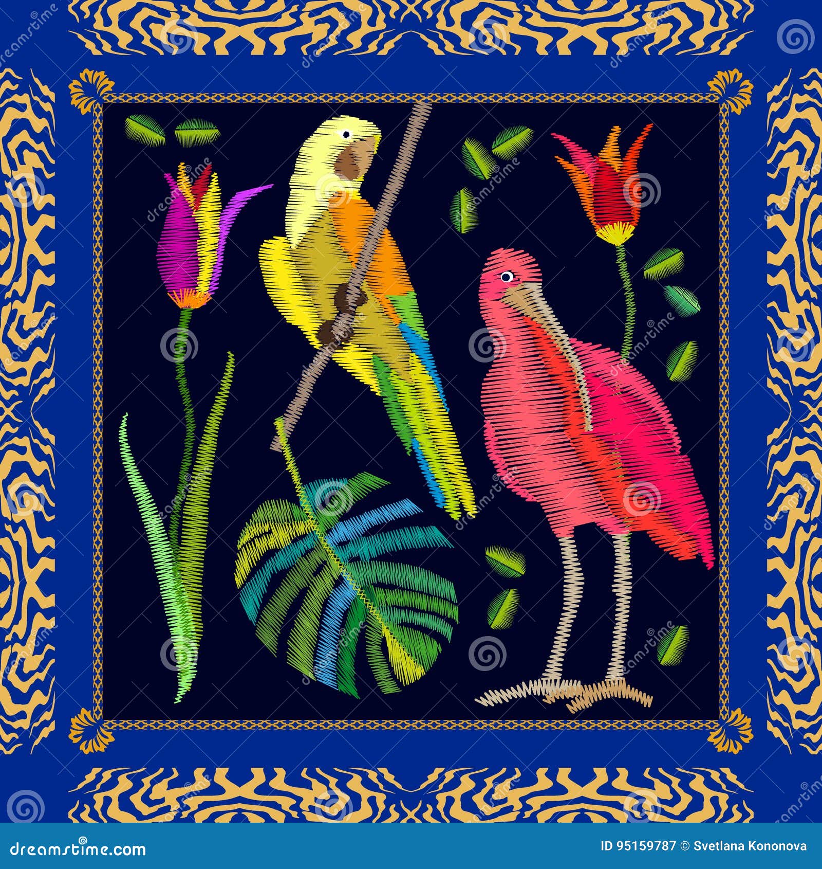 Broderie Tropicale Amazonienne Doiseaux Illustration De