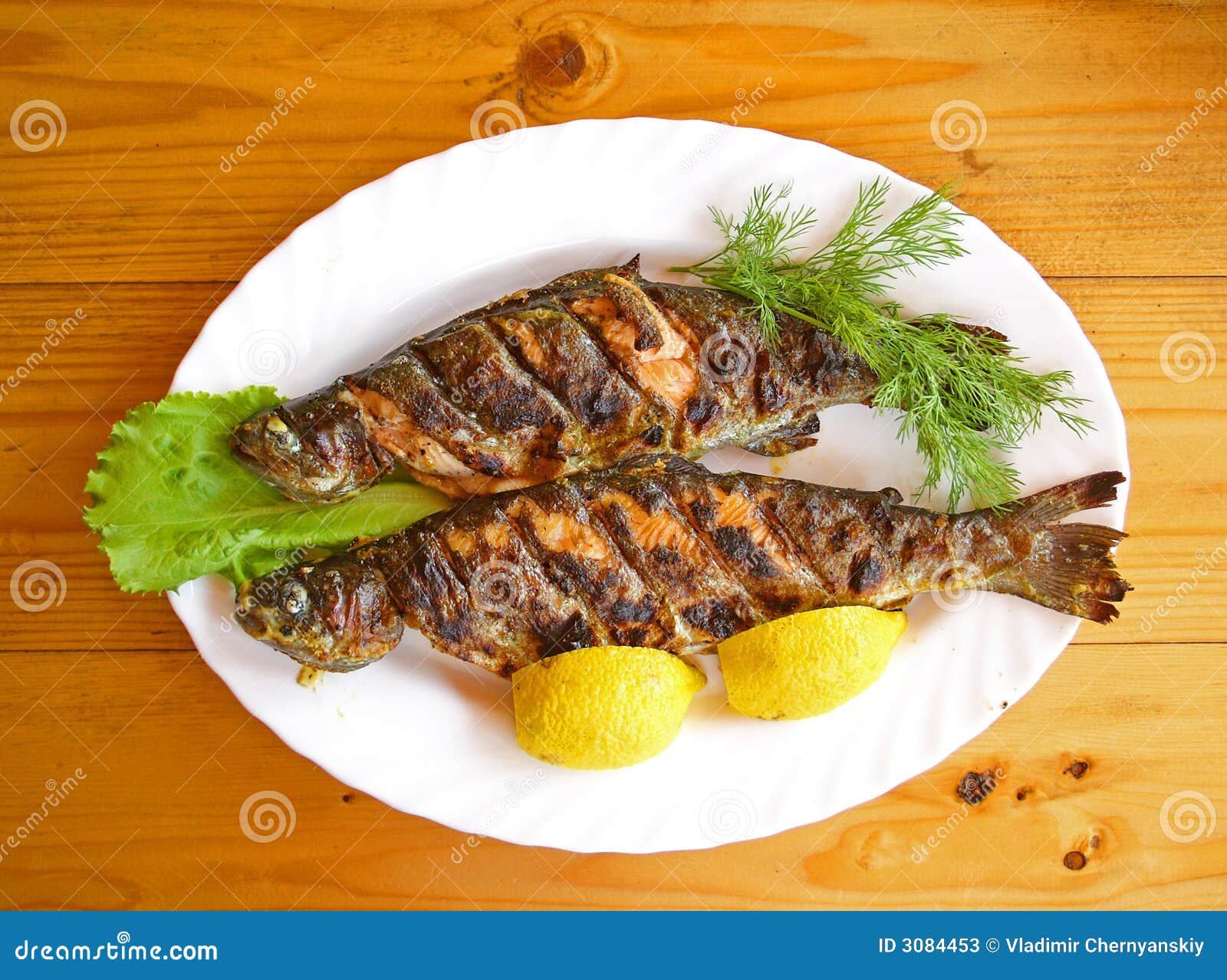 Broiled fish over the white plate