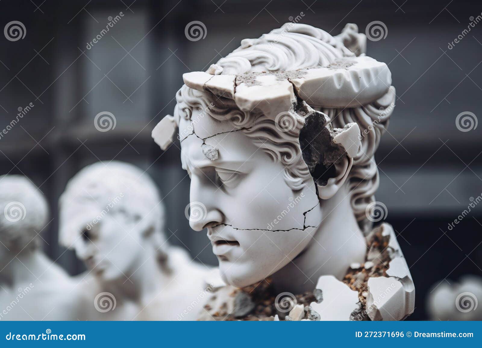 Broken Ancient Greek Statue Head Falling in Pieces. Broken Marble
