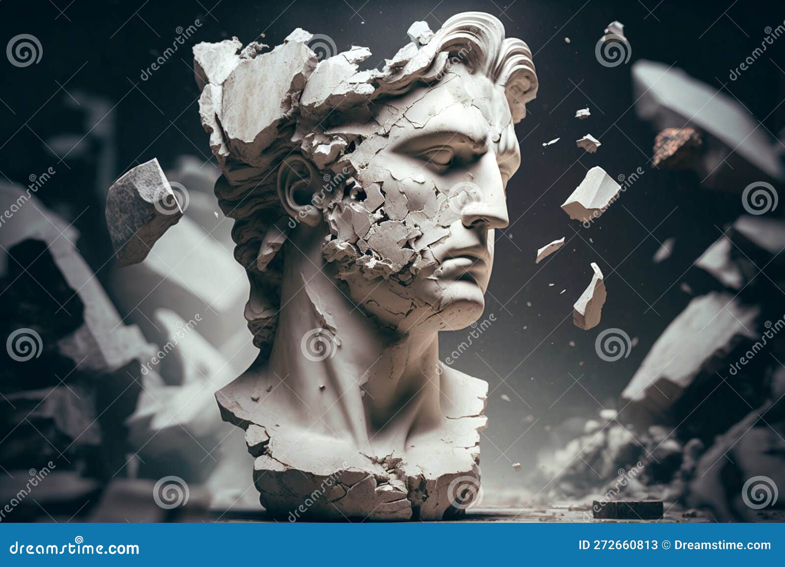 Broken Ancient Greek Statue Head Falling in Pieces. Broken Marble