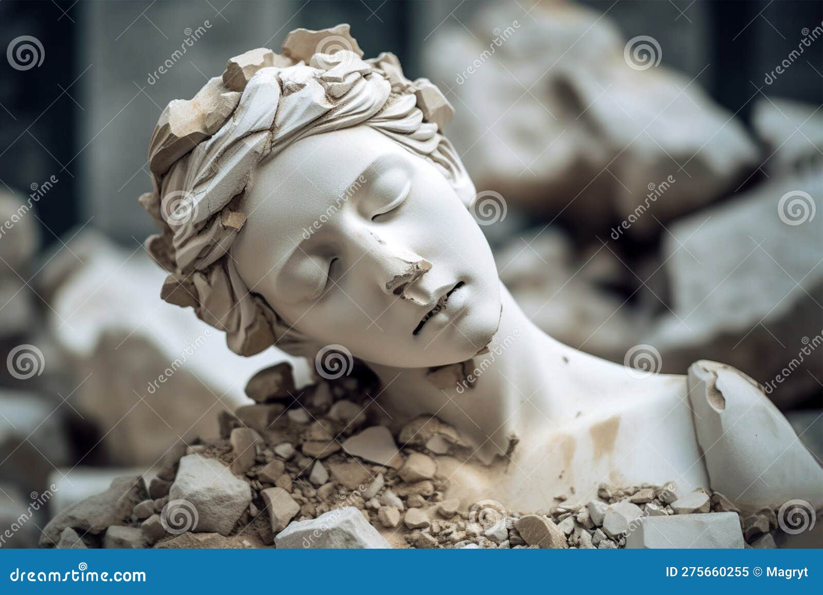 Broken Ancient Greek Statue Woman Head Falling in Pieces. Broken