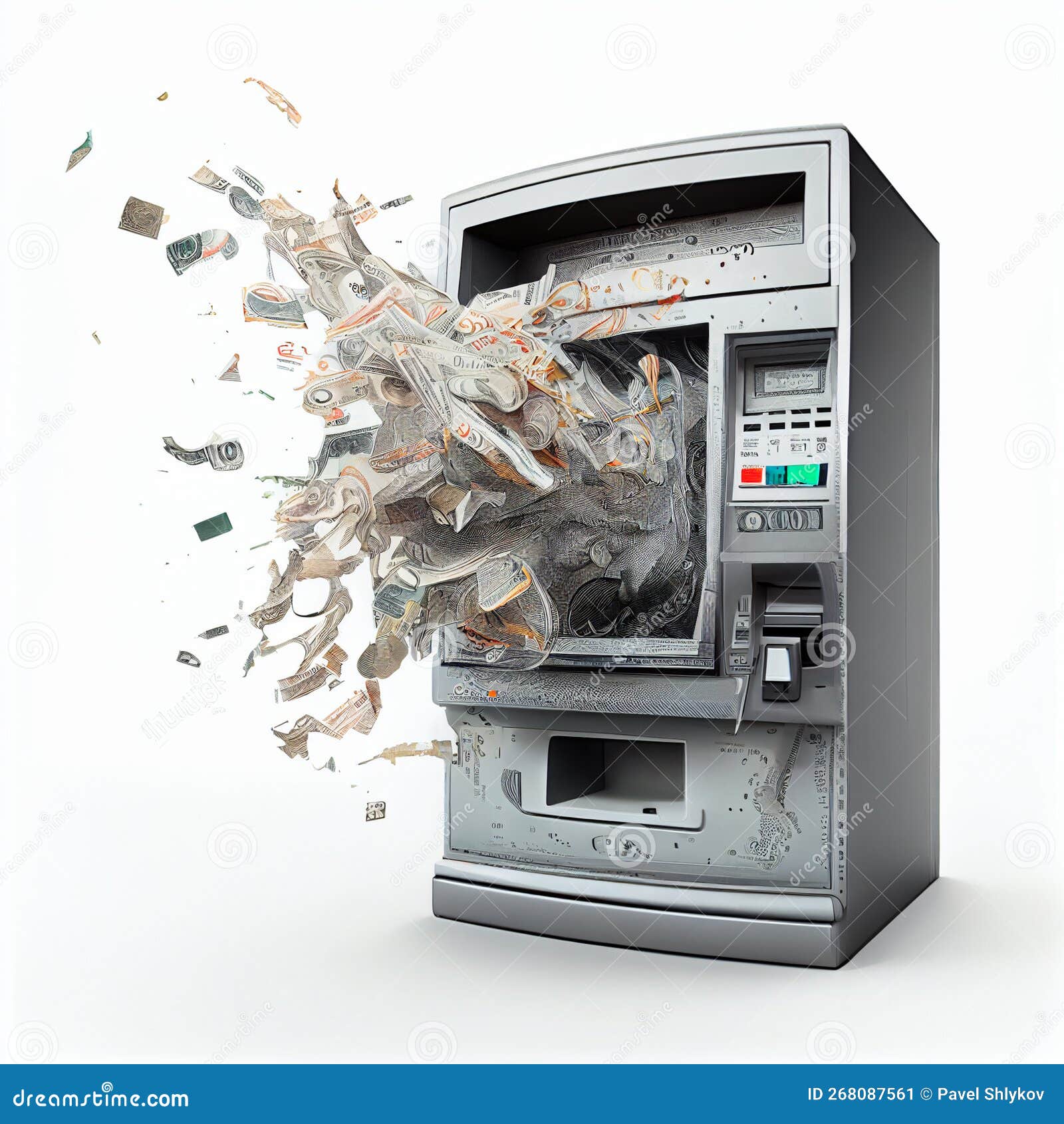 broken atm spews paper money