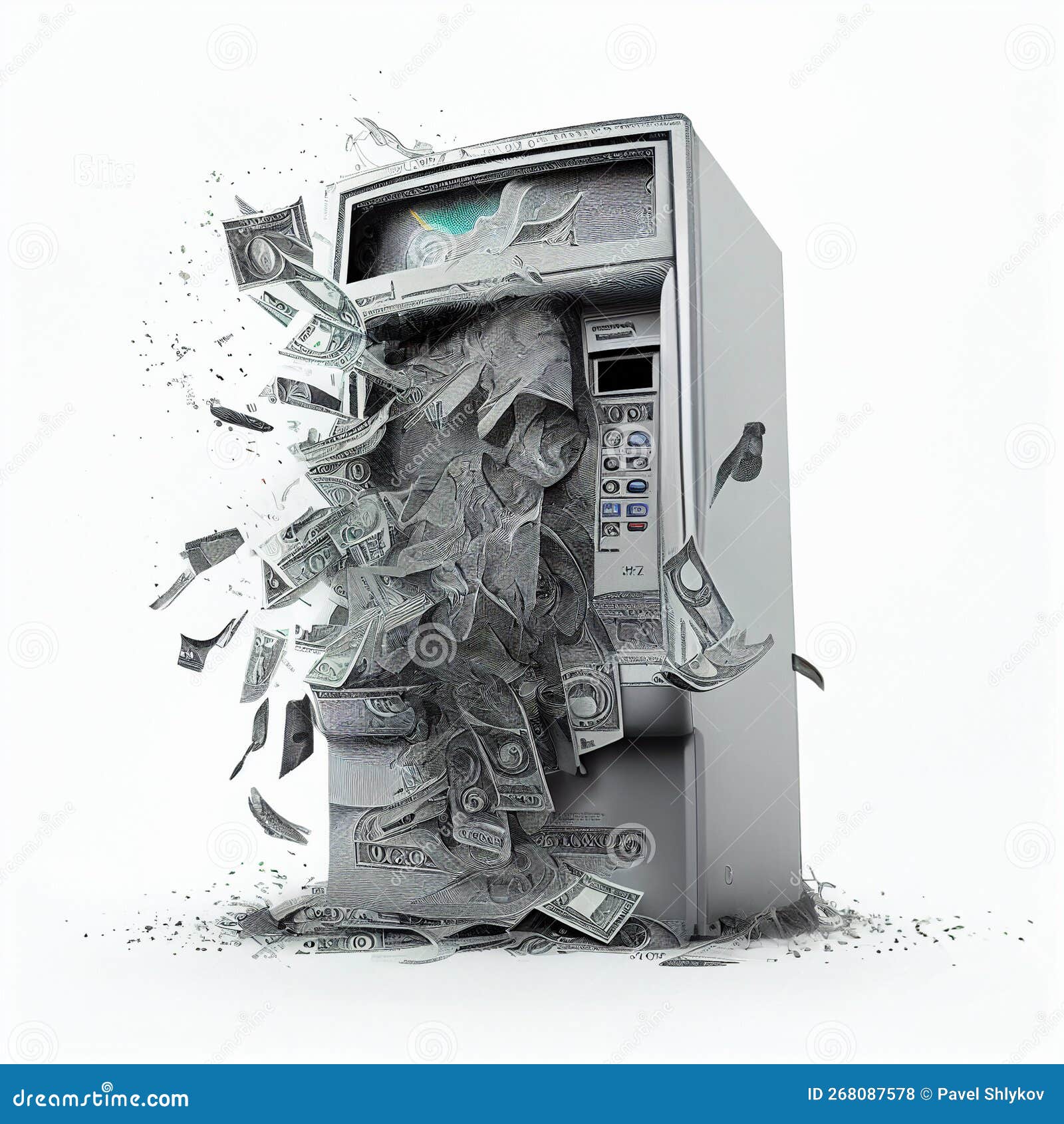 broken atm spews paper money