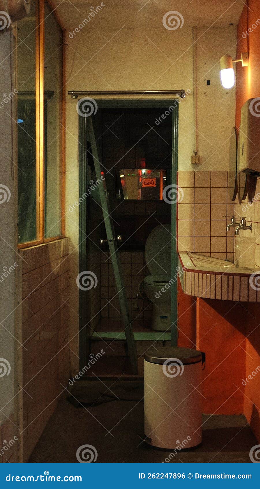 Broken bathroom door stock photo. Image of interior 262247896