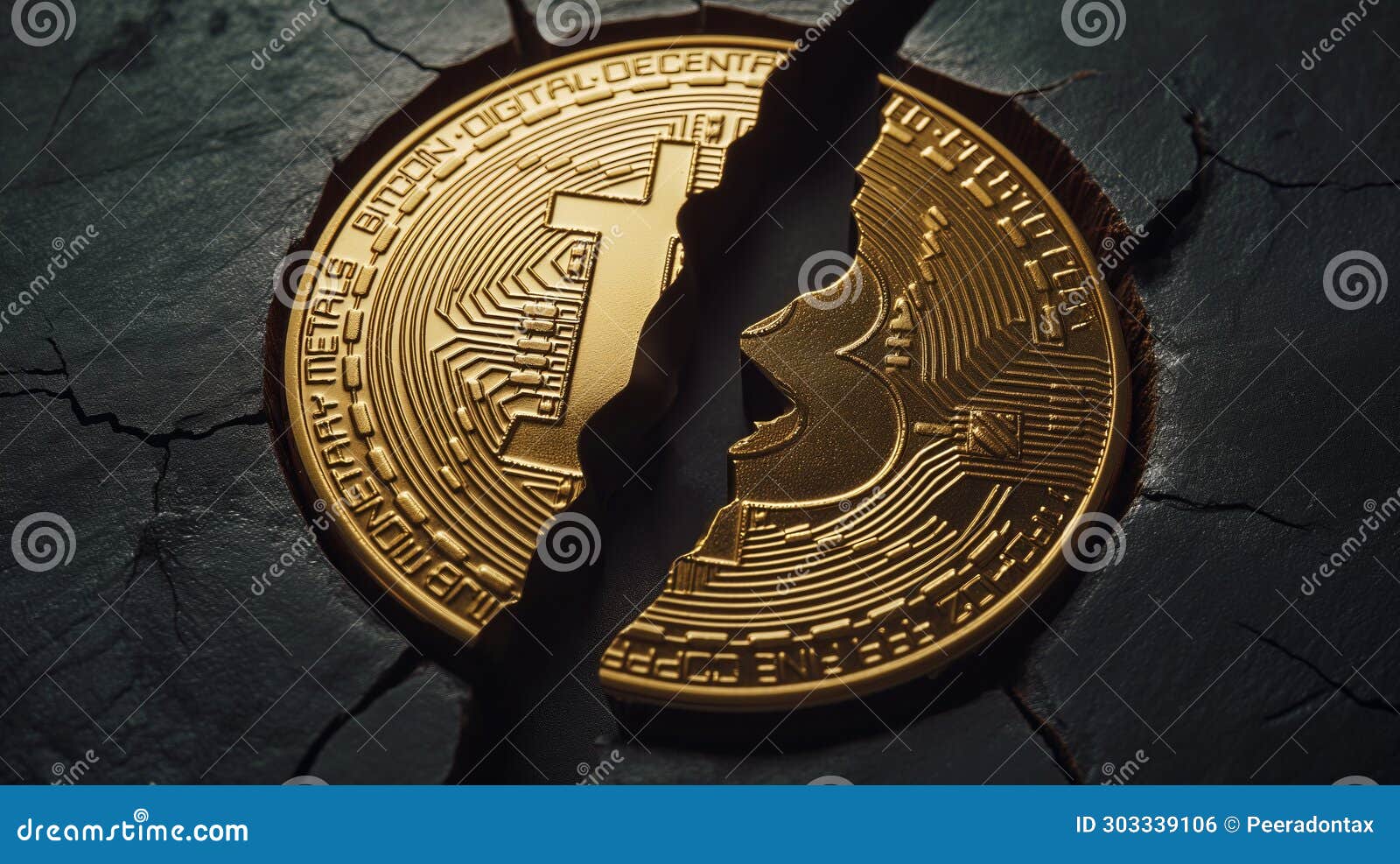 Cryptocurrency Crack and Split in Two Parts. Stock Illustration -  Illustration of texture, economic: 303339106