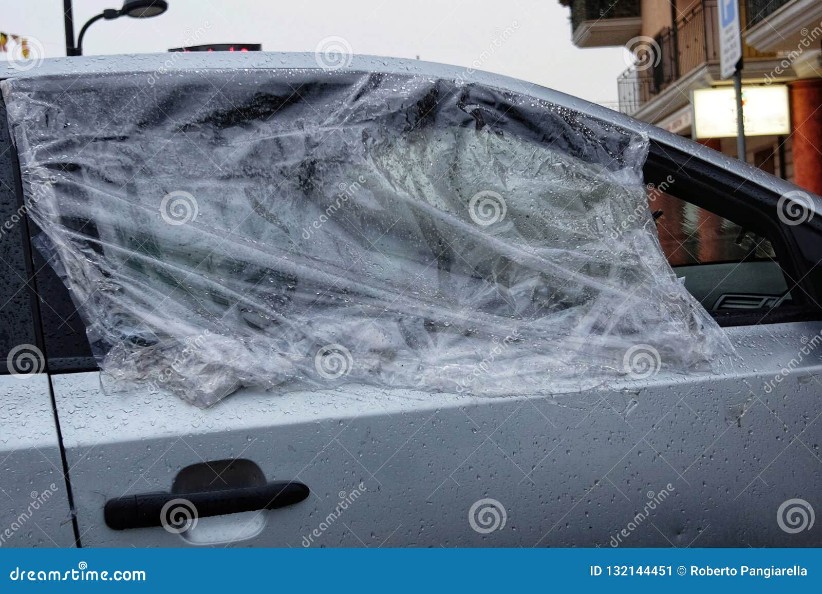 Broken Car Window Covered with Plastic Stock Image Image of vehicle