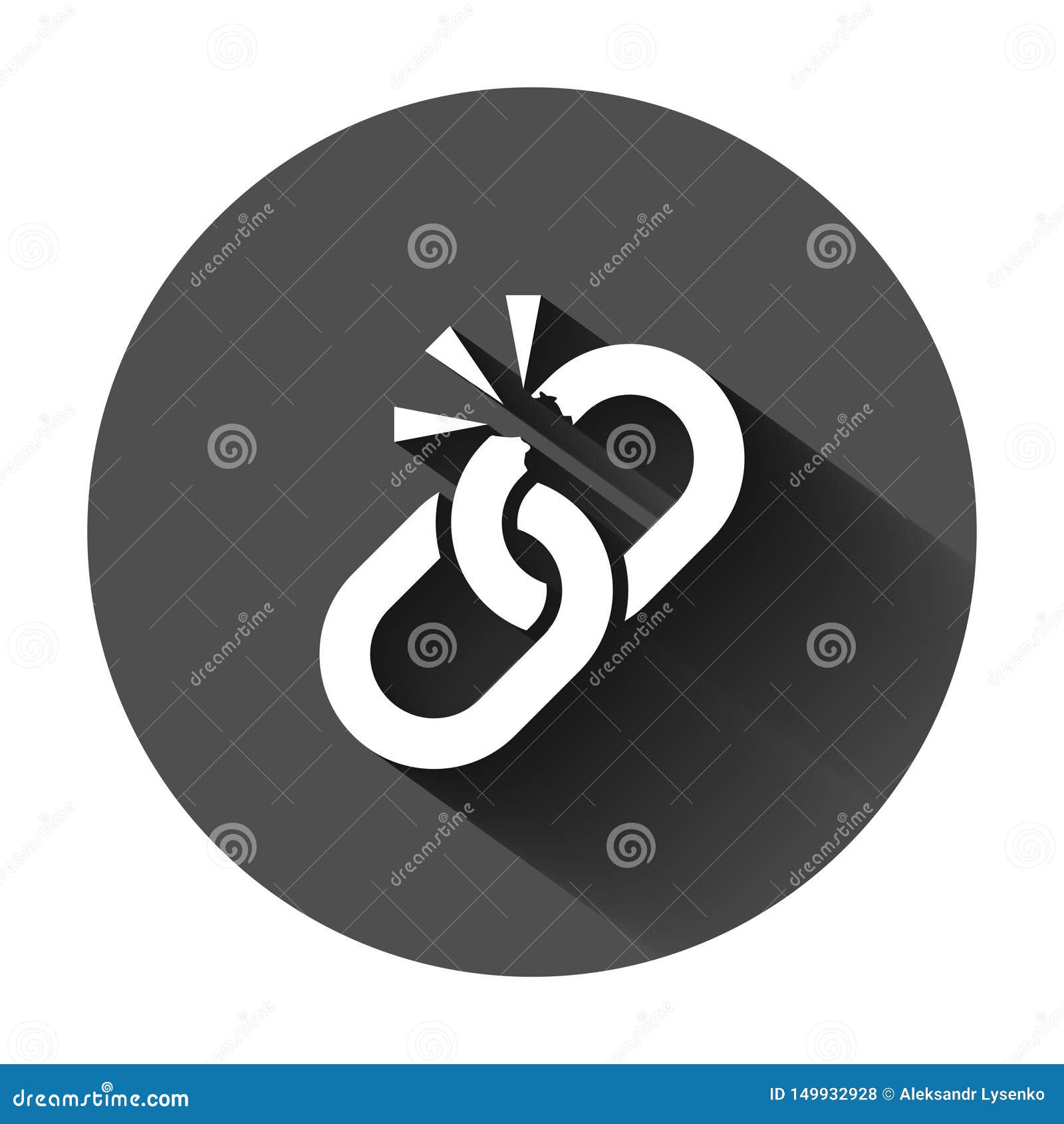 broken chain sign icon in flat style. disconnect link   on black round background with long shadow. detach