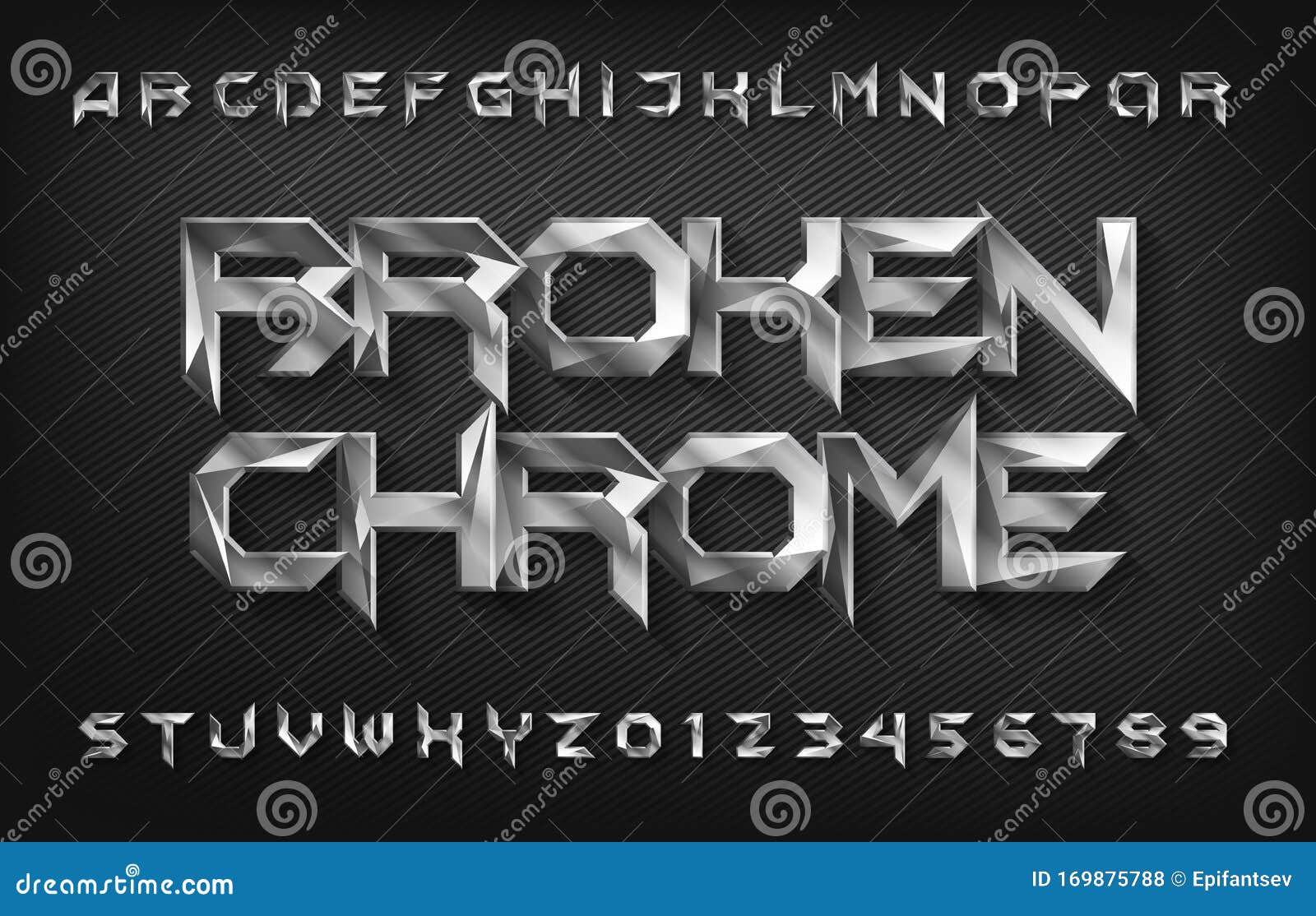 broken chrome alphabet font. metal effect beveled letters and numbers.