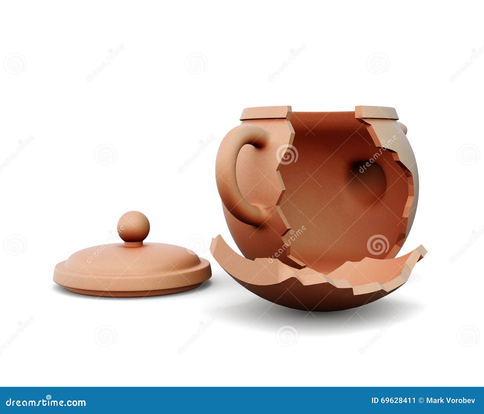 Broken Clay Teapot on White Background. 3d Render Image Stock
