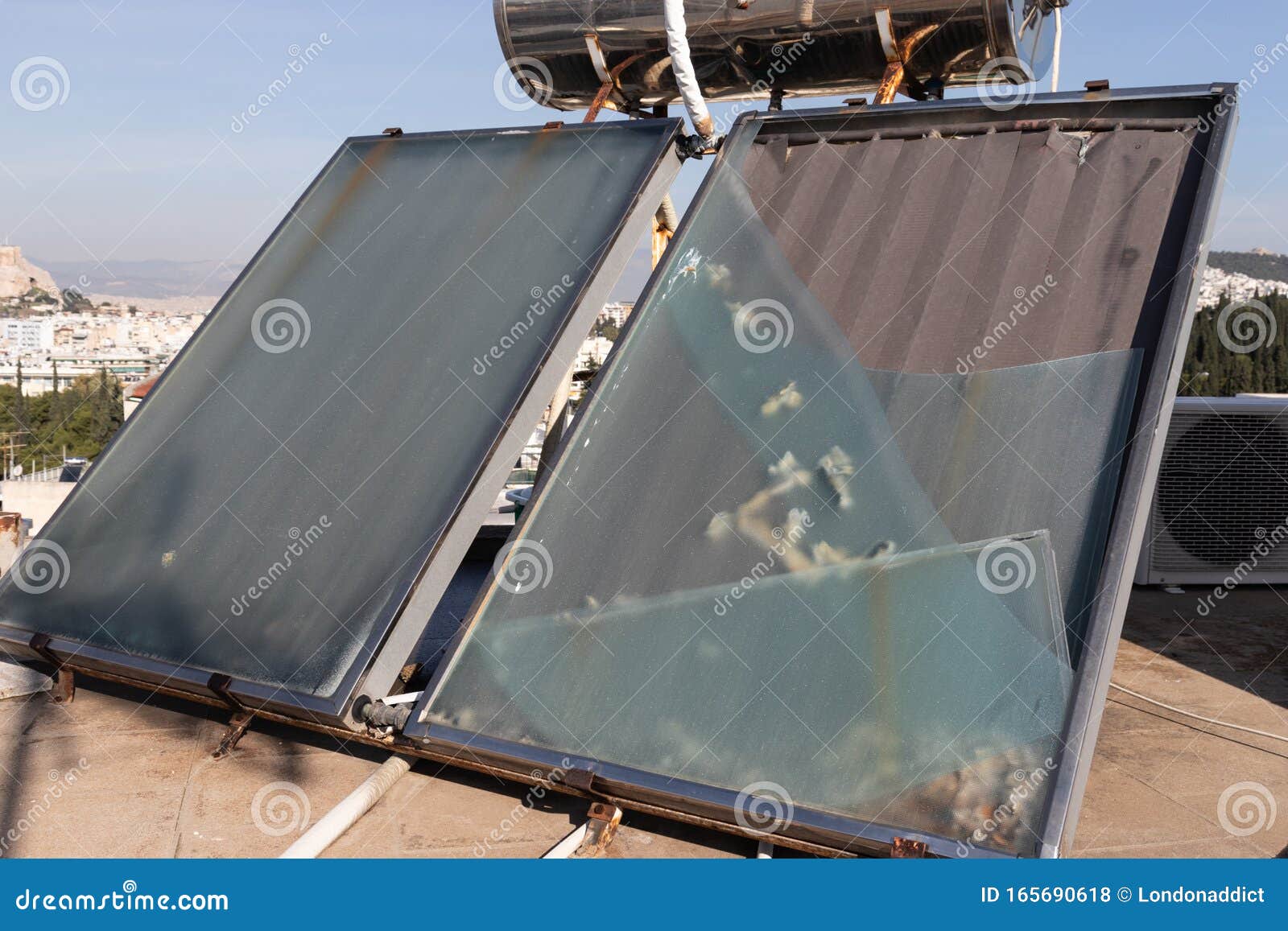 Broken and Destroyed Solar Panel. Close Up Stock Photo Image of