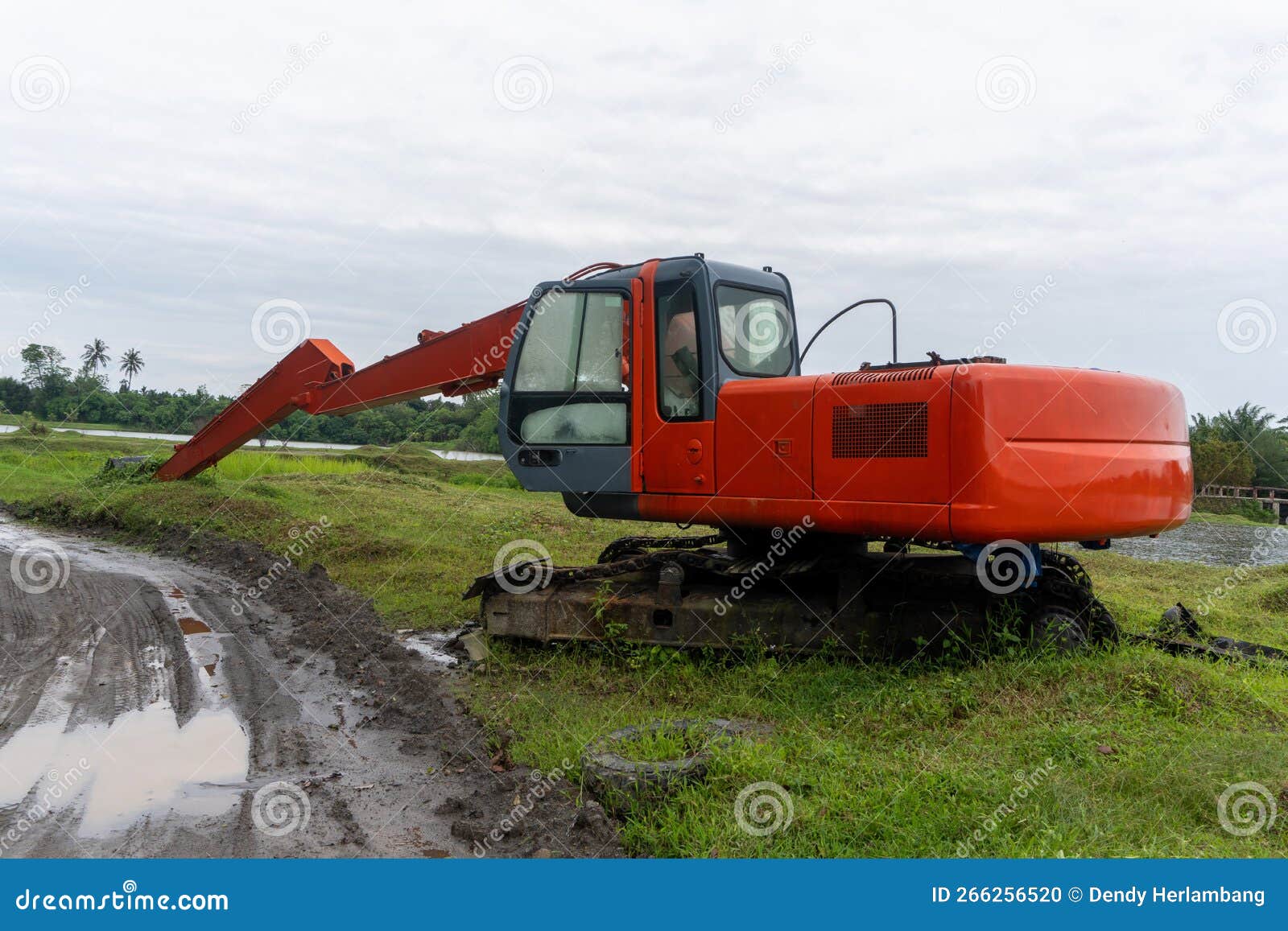 Broken Excavator Abandoned in the Middle of Plantation Nature Stock
