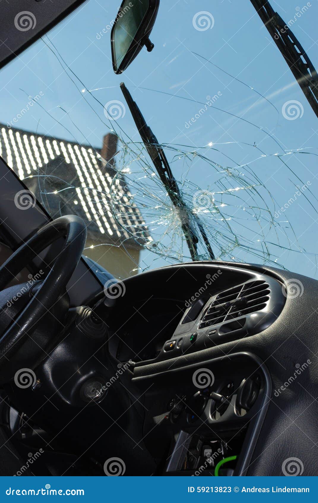 Broken Car Impact Windshield Smashed Windscreen Of Motorcar Cracked Glass Stock Photography