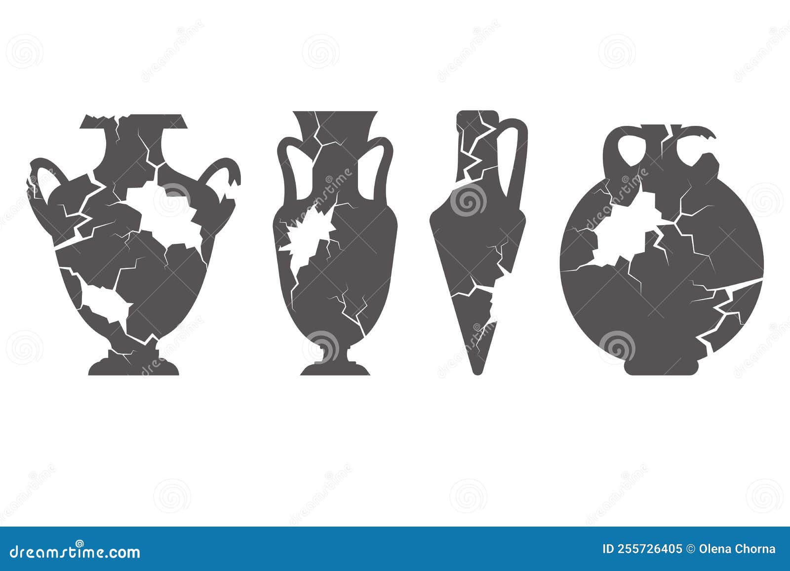 Broken Greece Vase Set. Ancient Pottery Isolated on White Background