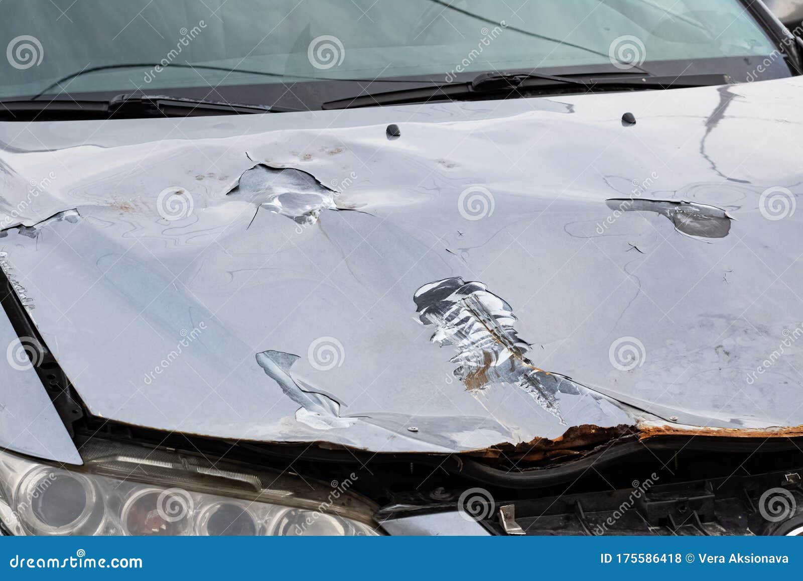 Broken Hood of a Gray Car Closeup Stock Photo Image of front, bumper