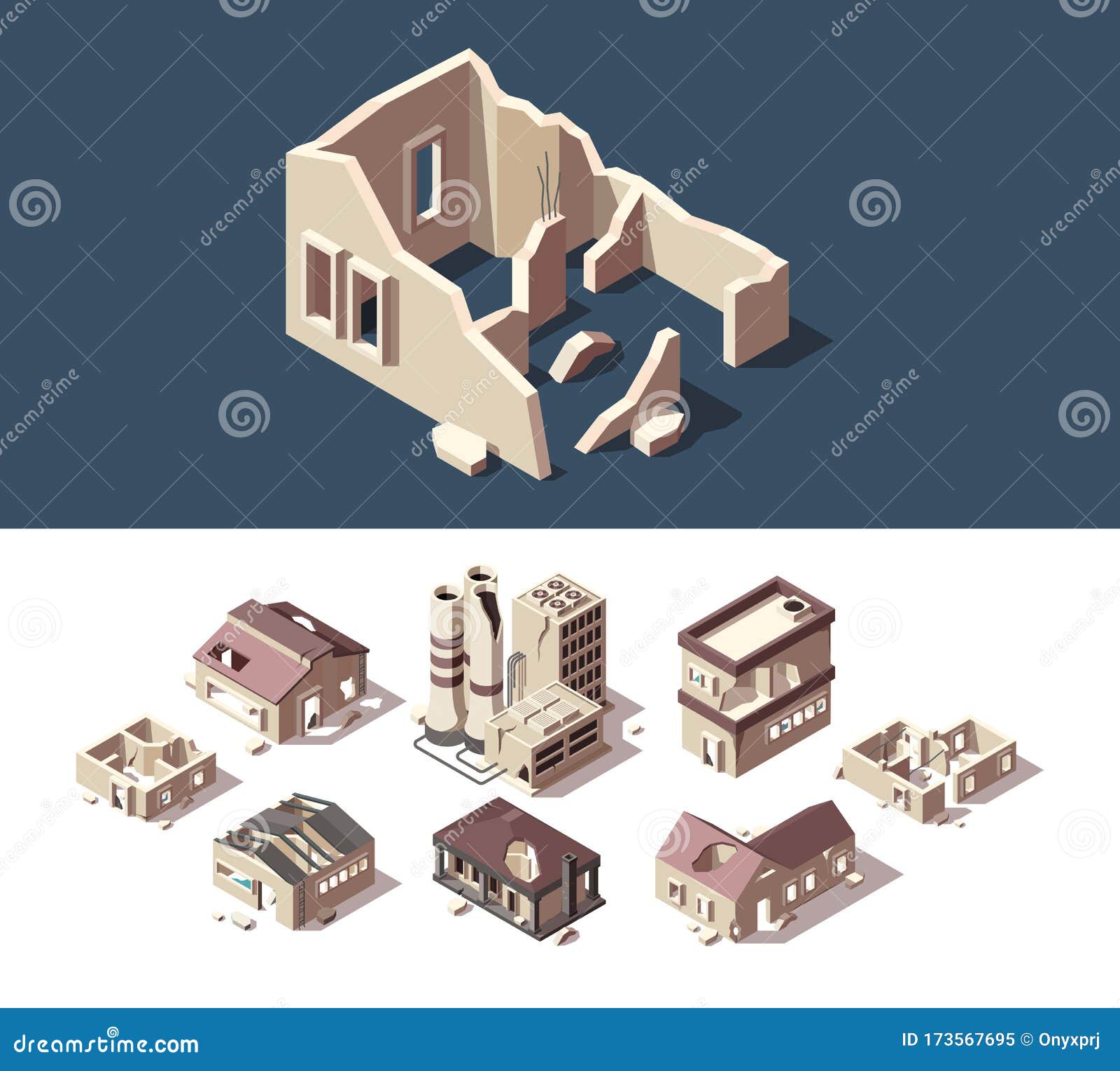 broken houses. isometric set of abandoned buildings real estate broken destroy windows ruins town  set