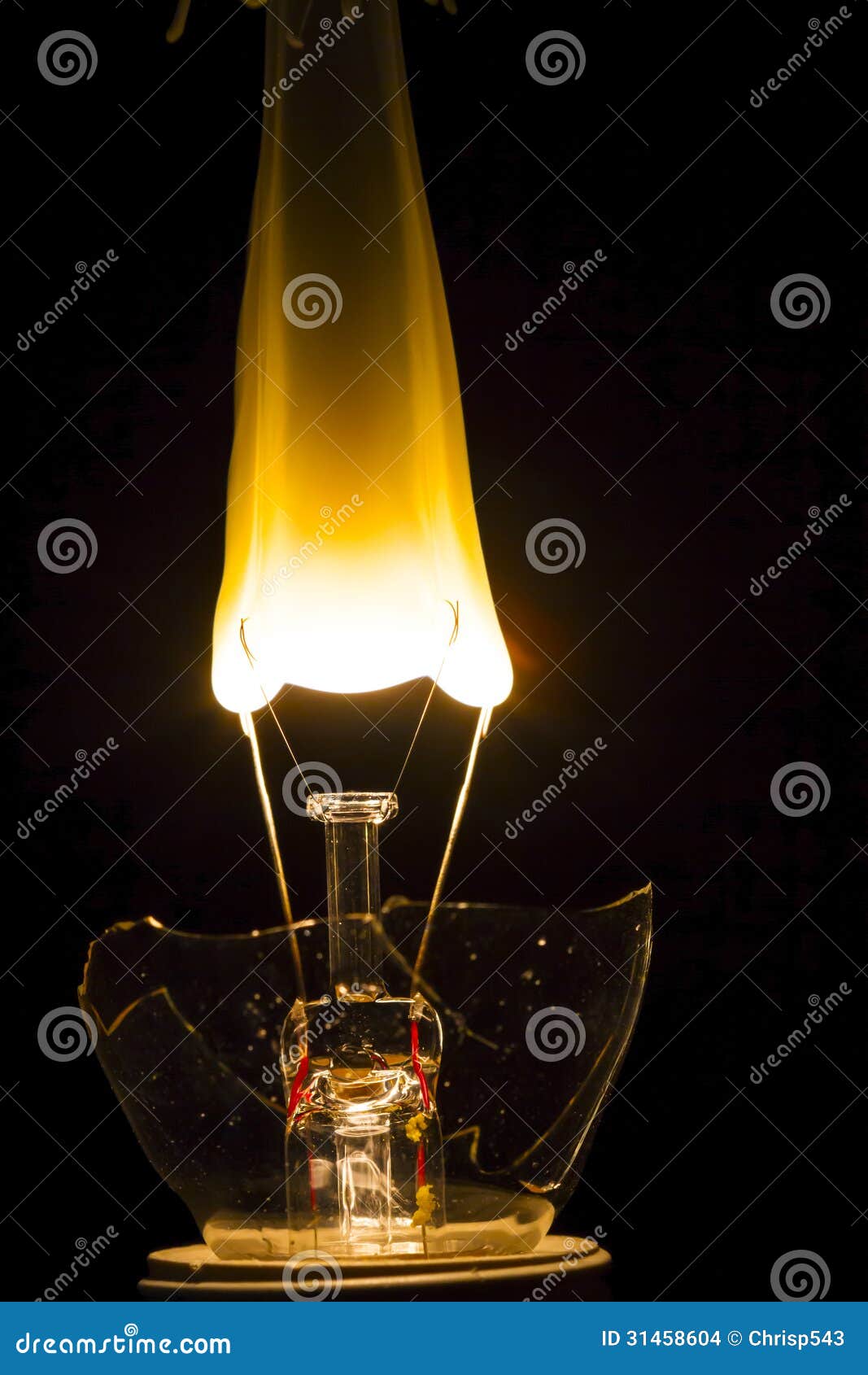broken lightbulb with filament bursting into flame