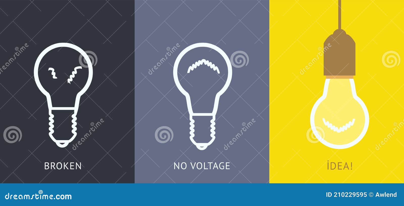 Broken Lightbulb, No Voltage Bulb and Illuminated Lamp. Stock Vector